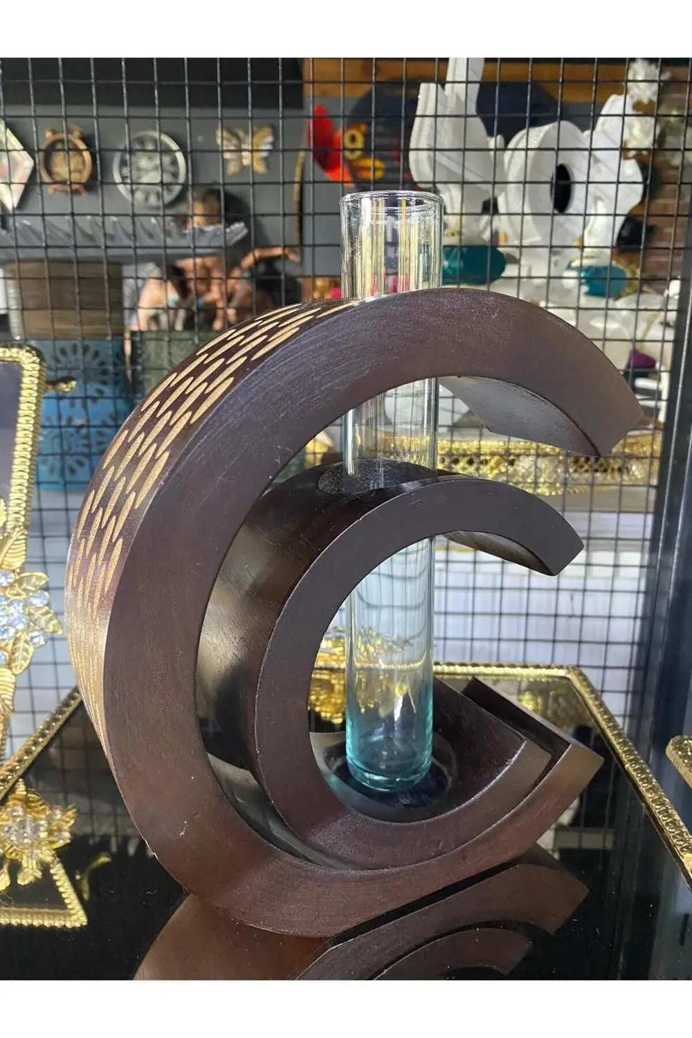 Ahşap Hilal Üzeri Dekoratif Cam Tüplü Vazo 23x19cm