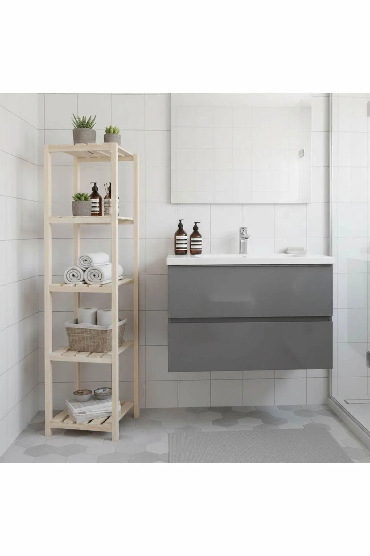 Ahşap Izgaralı 5 Raflı Banyo Rafı Ahşap Izgaralı 5 Raflı Banyo Rafı