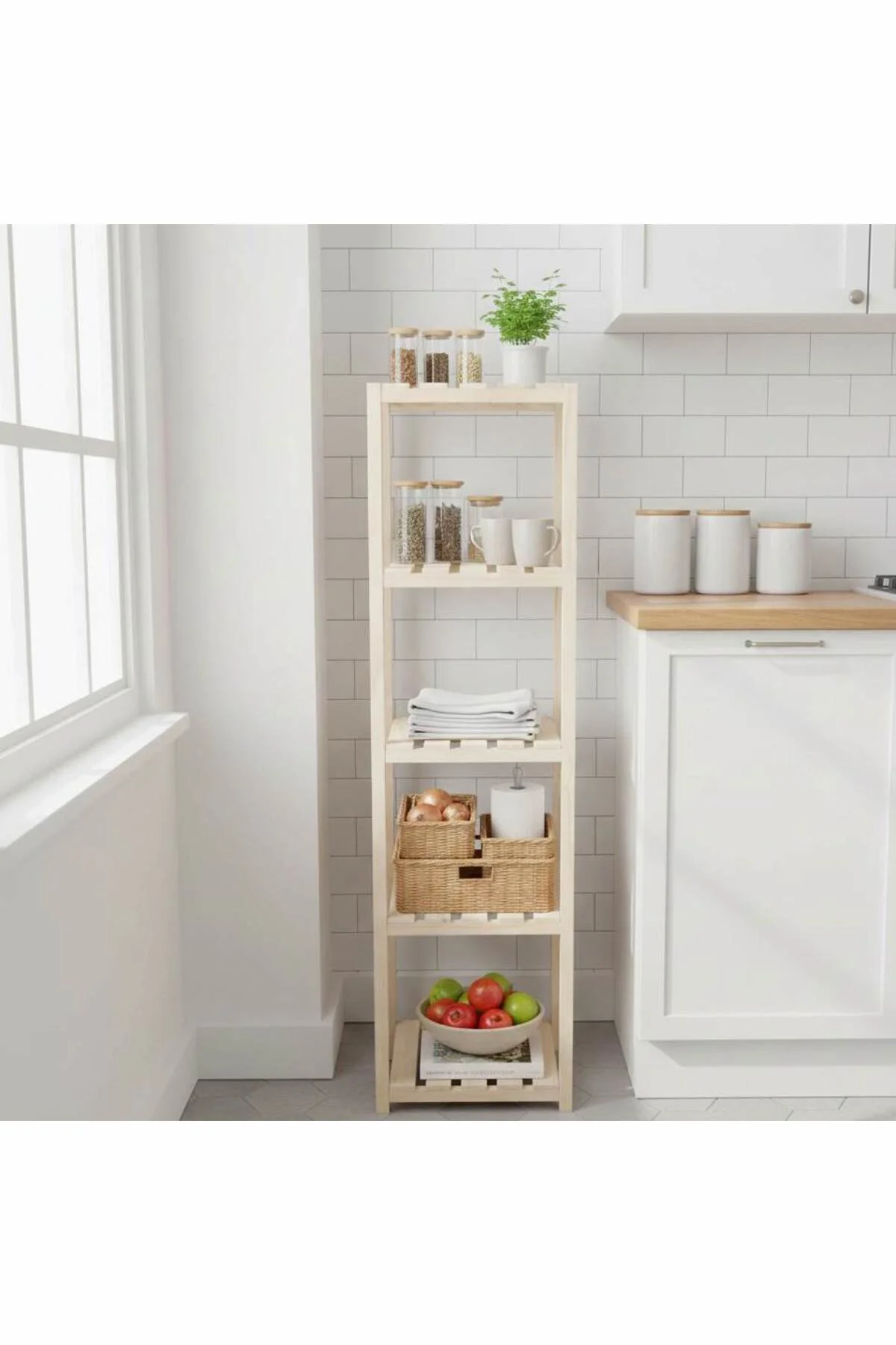 Ahşap Izgaralı 5 Raflı Banyo Rafı Ahşap Izgaralı 5 Raflı Banyo Rafı