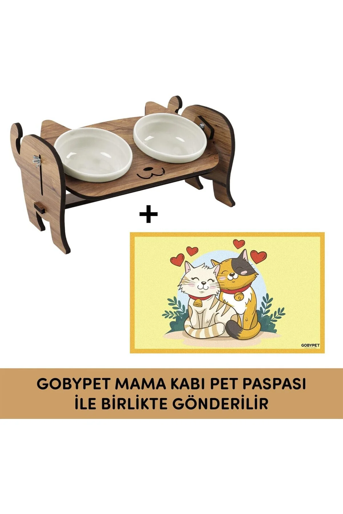 Ahşap Kedi Mama ve Su Kabı ile Kedi Köpek Paspası - Demonte Kedi Mama Su Kabı, Çift