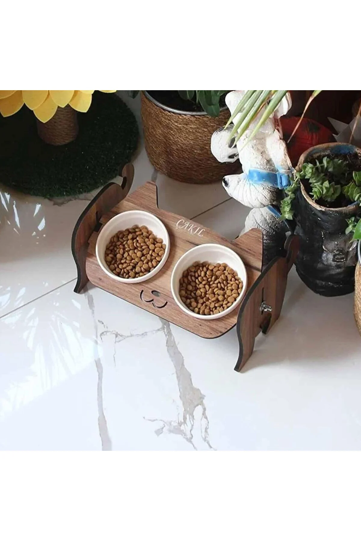 Ahşap Kedi Mama ve Su Kabı ile Kedi Köpek Paspası - Demonte Kedi Mama Su Kabı, Çift