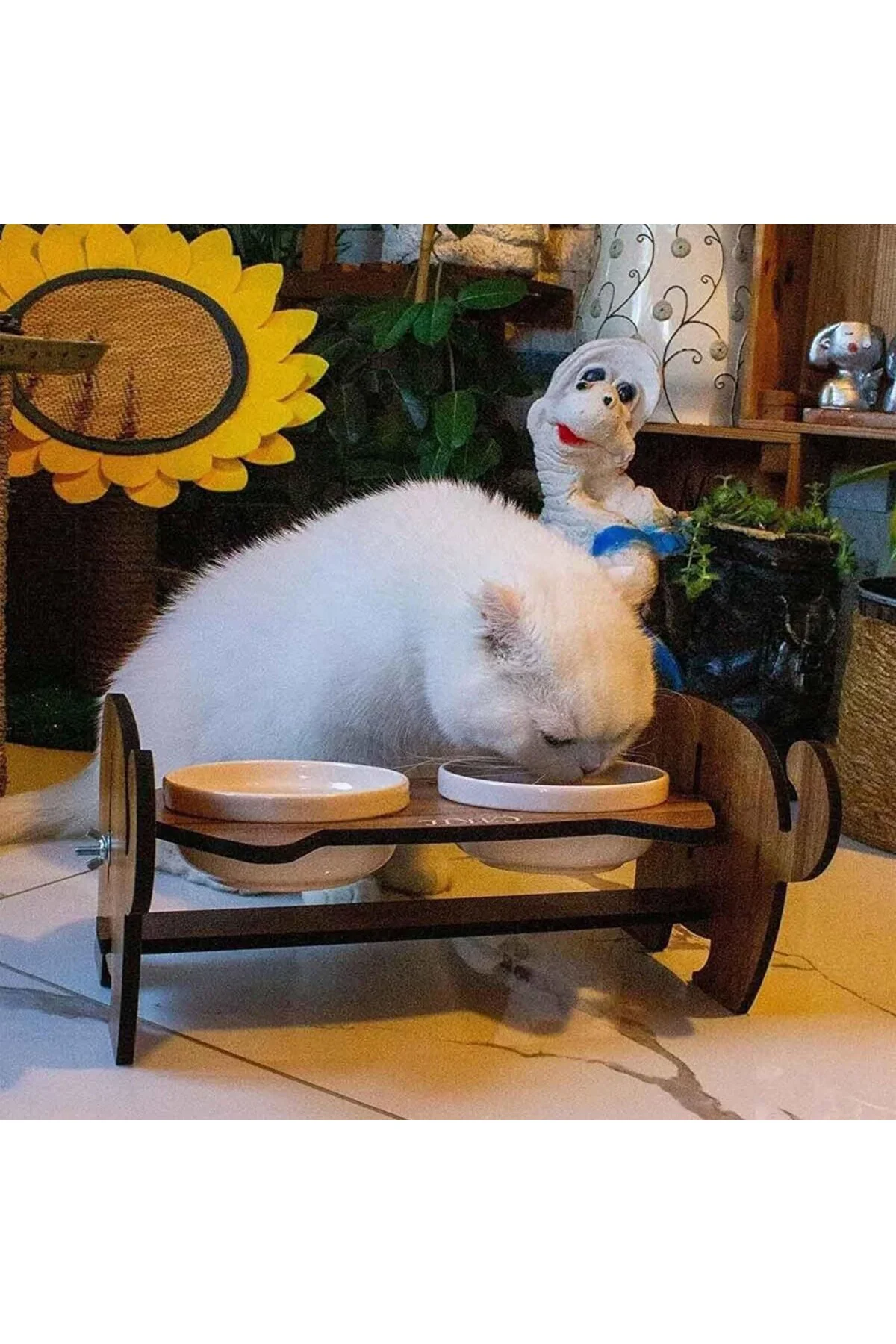 Ahşap Kedi Mama ve Su Kabı ile Kedi Köpek Paspası - Demonte Kedi Mama Su Kabı, Çift