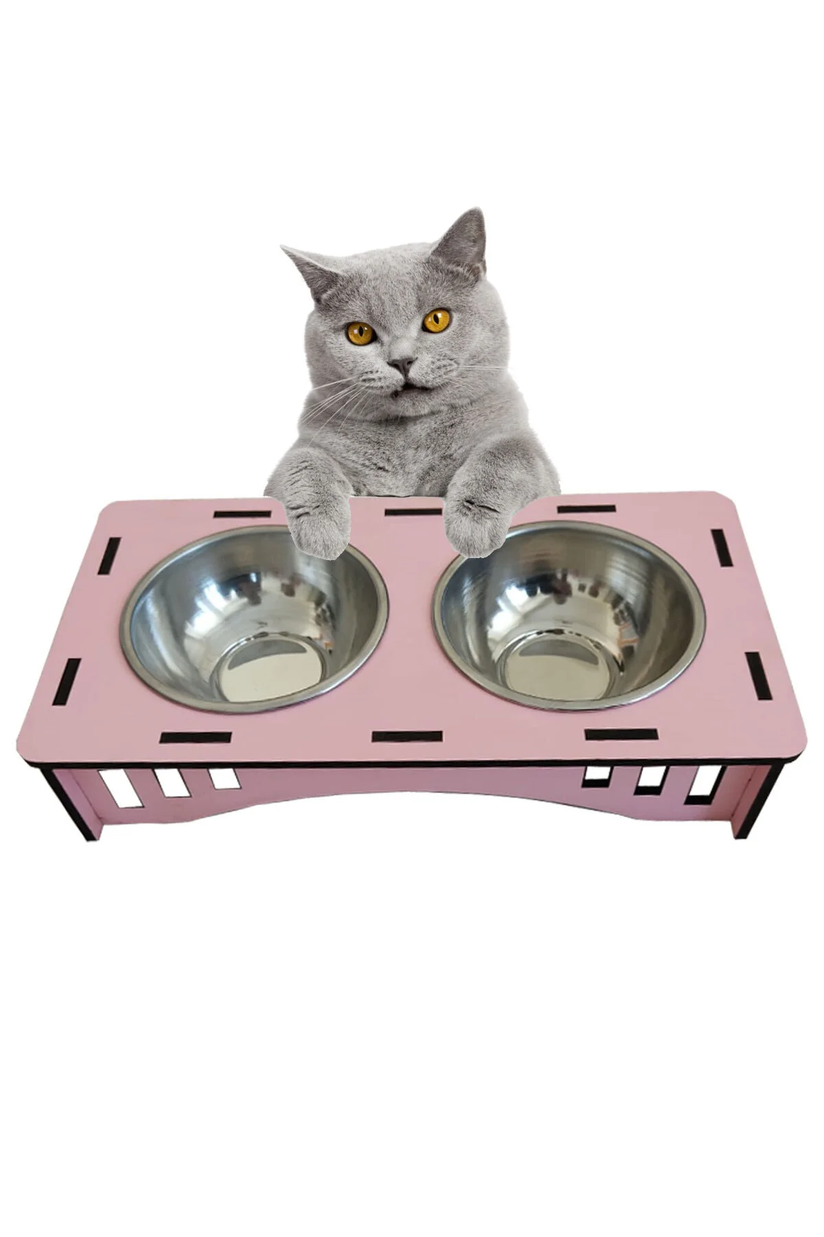 Ahşap Kedi Mamalık Ve Su Kabı Pembe Çelik Tas Mamalık