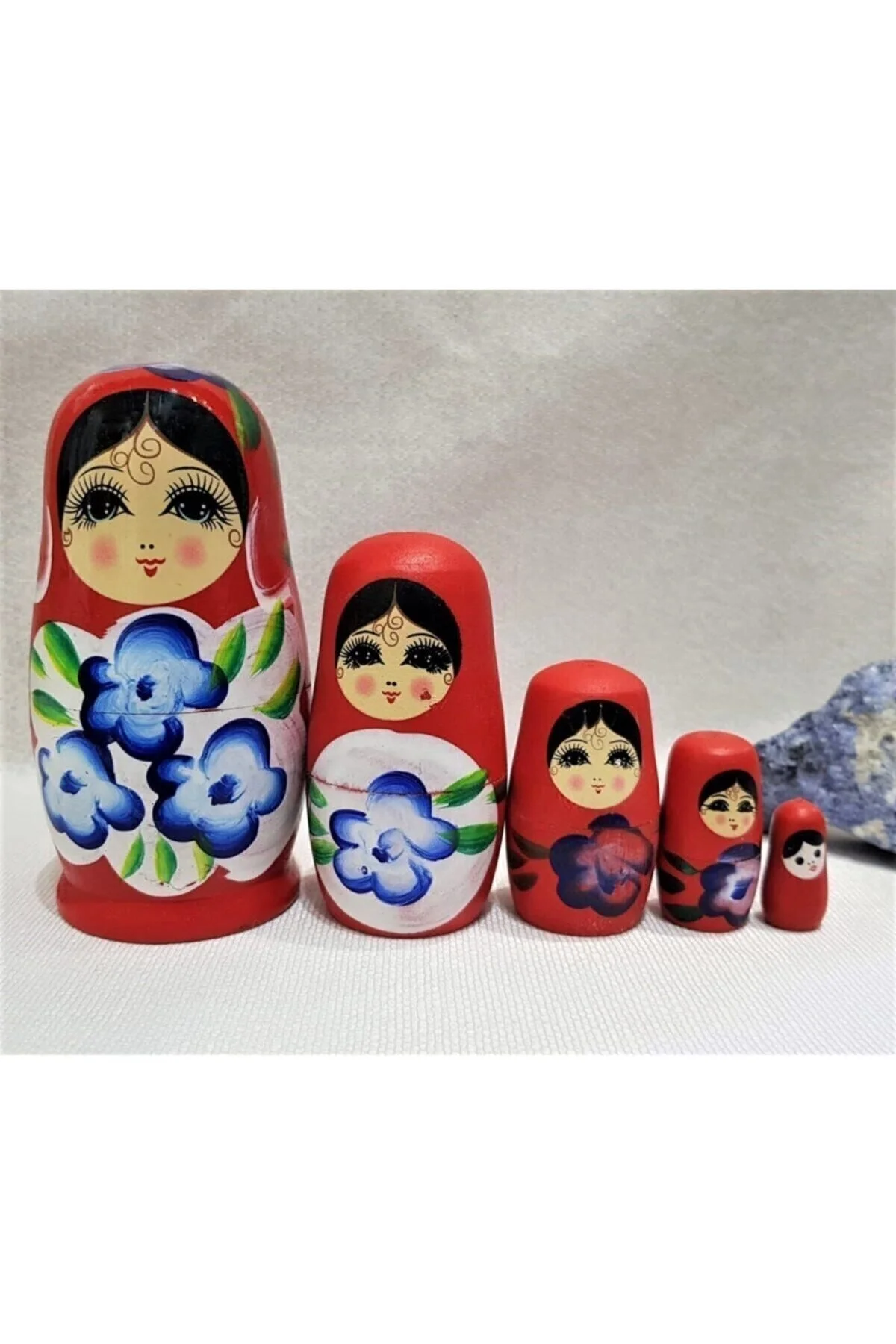 Ahşap kırmızı 5 parçalı modern matruşka bebek dekoratif obje tek ebat - Ev &amp; Mobilya