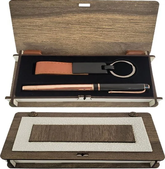 Ahşap Kutulu Bakır Kalem Anahtarlık Set