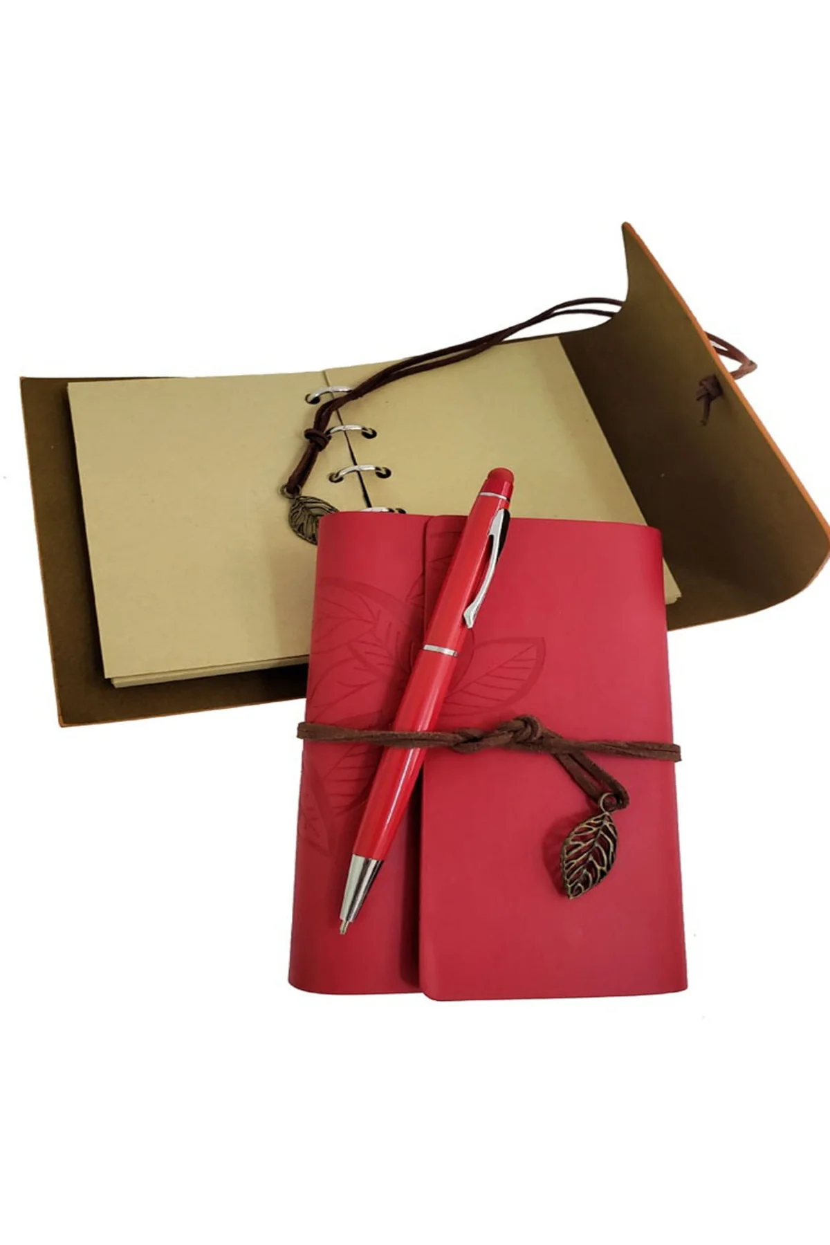 Ahşap Kutulu Kırmızı Deri Defter ve Metal Kalem Set