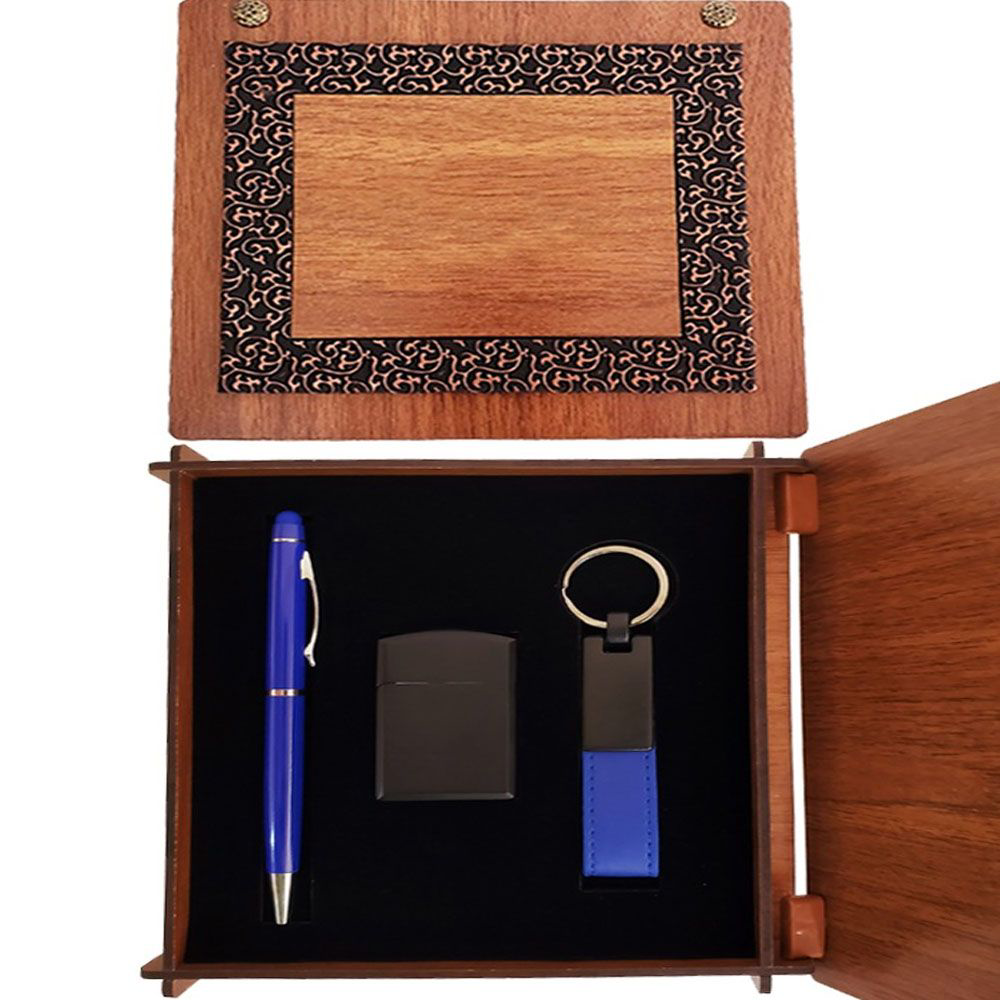Evimdeyokyok Ahşap Kutulu Mavi Kalem Anahtarlık Ve Çakmak Set Tdrtr