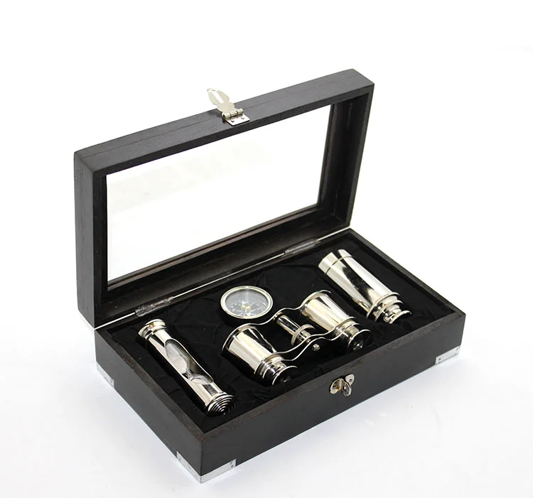 Ahşap Kutulu Pirinç Dürbün Pusula Kum Saati Seti