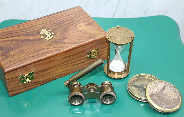 Ahşap Kutulu Pirinç Pusula Kum Saati Dürbün Seti