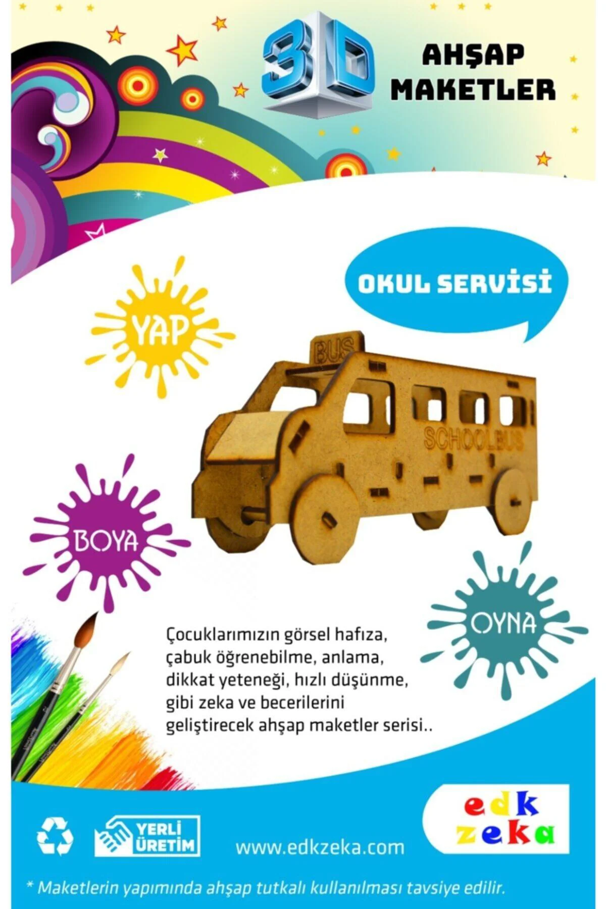 Ahşap Maket Okul Otobüsü ve Boya,Fırça