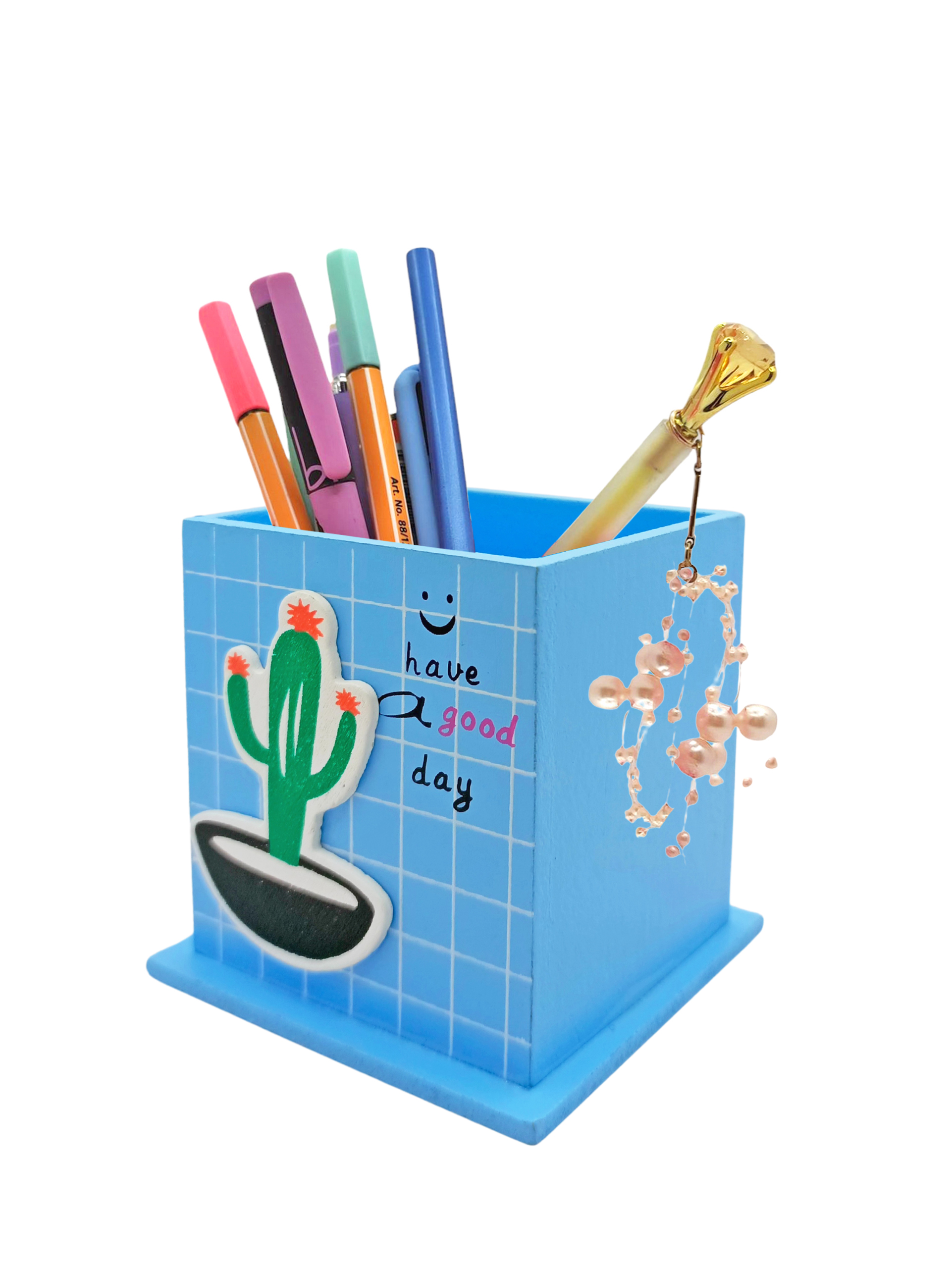 Ahşap Masaüstü Kalemlik Kaktüs Desenli Mavi - 1 Adet