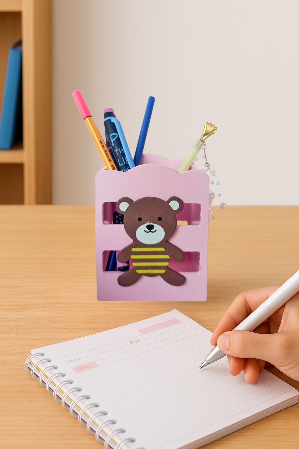 Limmy Ahşap Masaüstü Kalemlik Sevimli Ayıcık Çizgili Pembe - 1 Adet