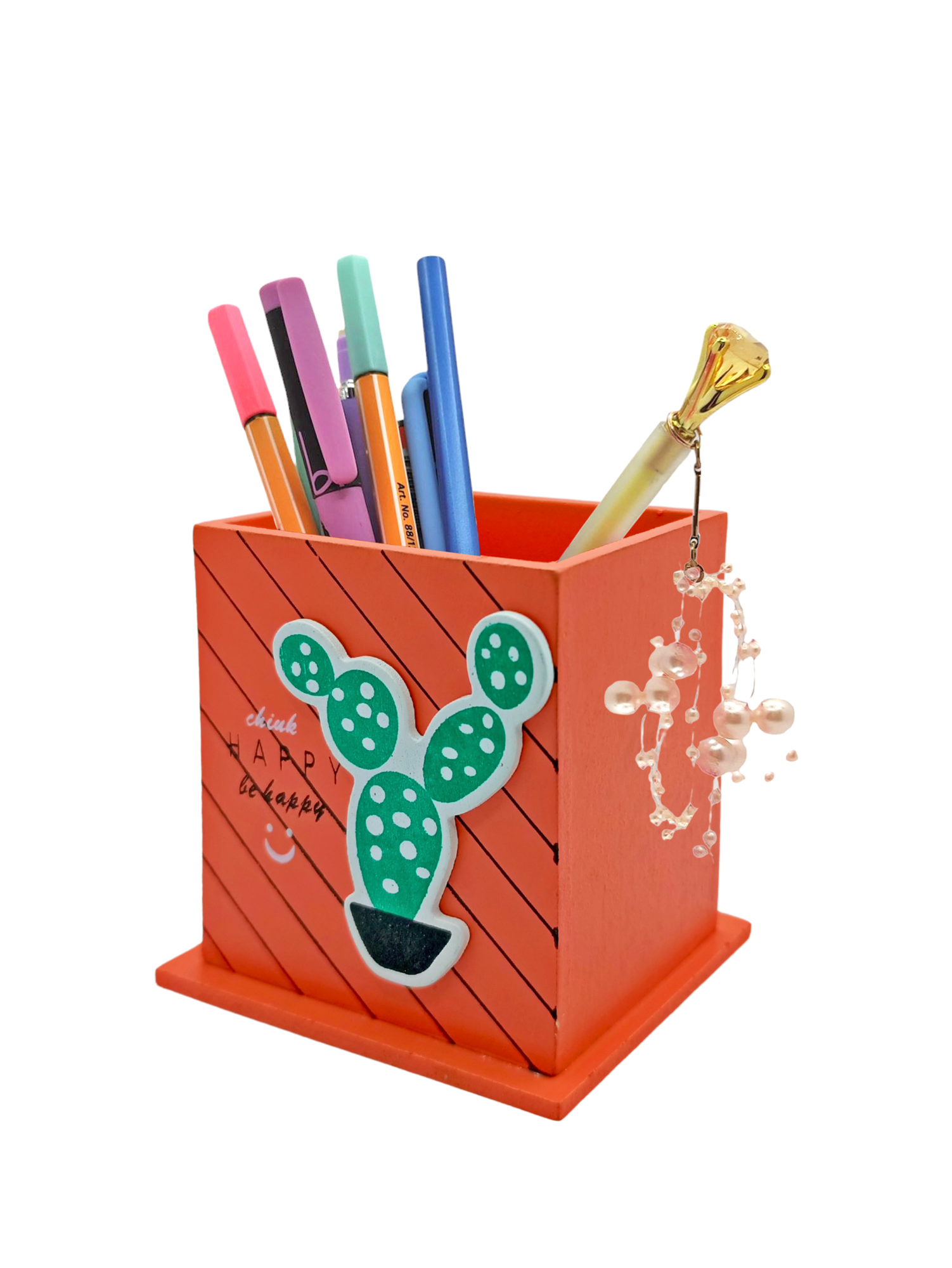 Ahşap Masaüstü Kalemlik Kaktüs Bitki Desenli Turuncu - 1 Adet