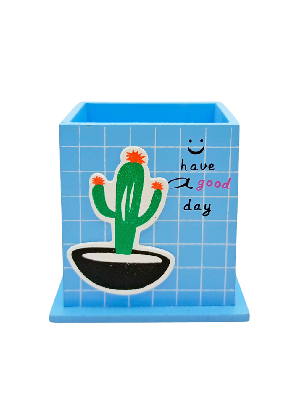 Ahşap Masaüstü Kalemlik Kaktüs Desenli Mavi - 1 Adet