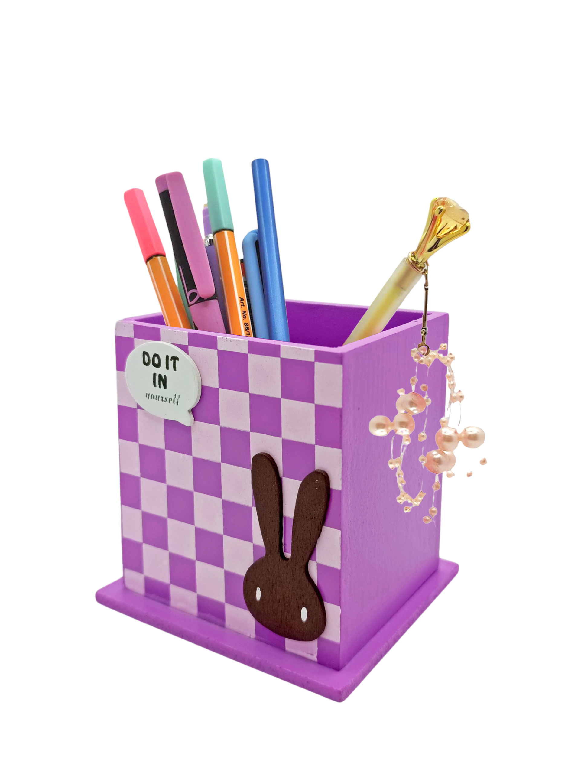 Ahşap Masaüstü Kalemlik Sevimli Tavşan Desenli Mor - 1 Adet