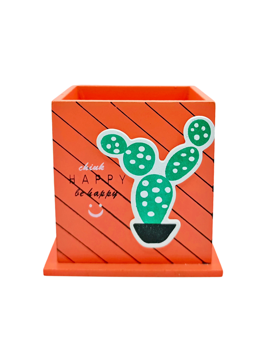 Ahşap Masaüstü Kalemlik Kaktüs Bitki Desenli Turuncu - 1 Adet
