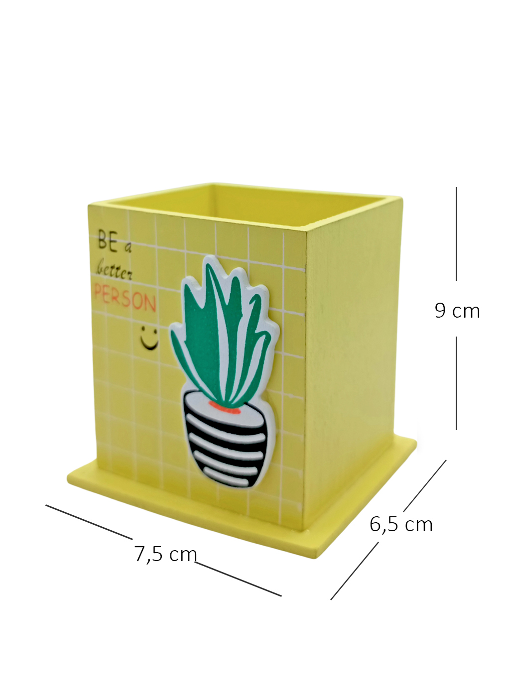 Ahşap Masaüstü Kalemlik Kaktüs Bitki Desenli Sarı - 1 Adet