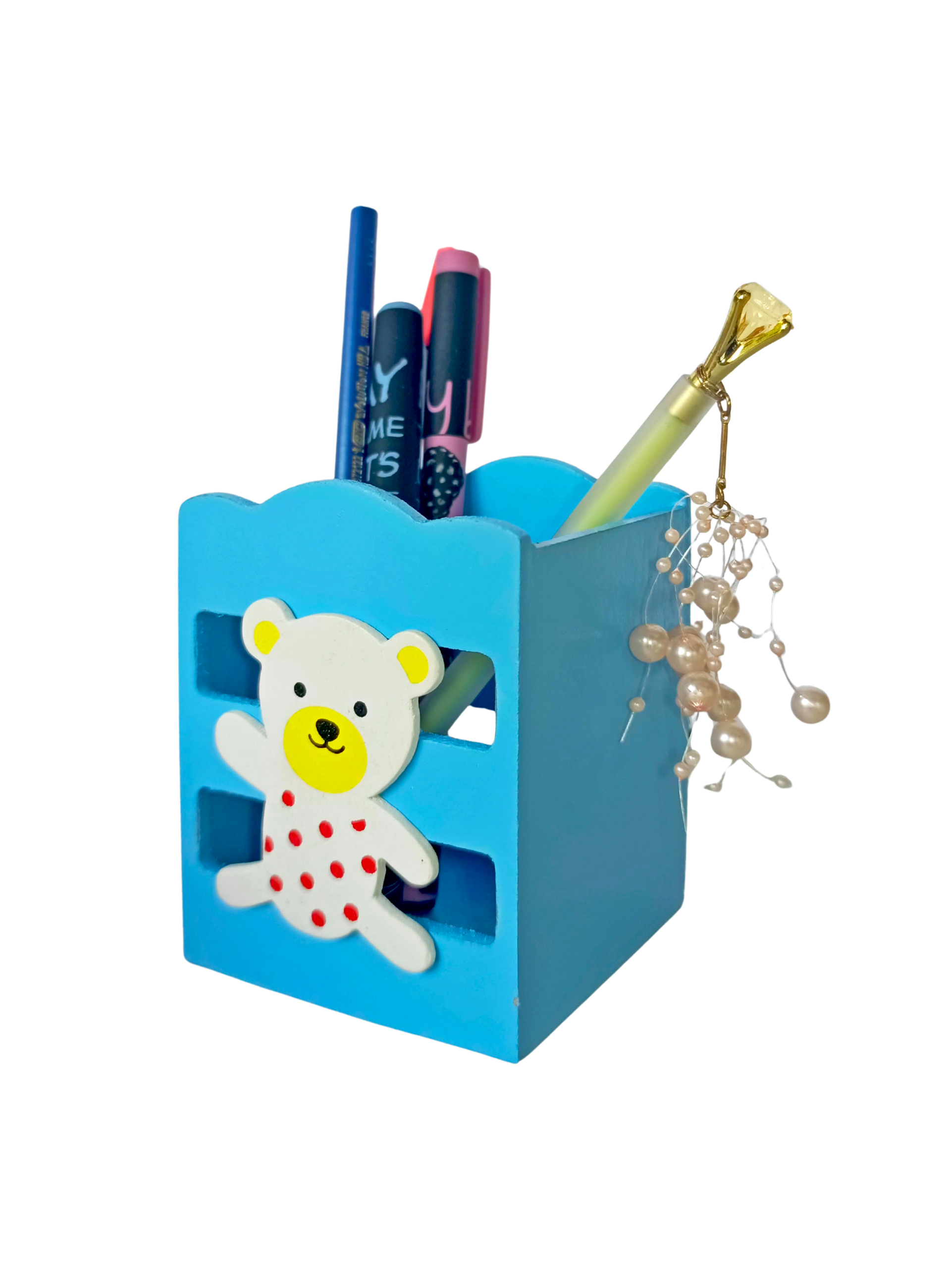 Ahşap Masaüstü Kalemlik Sevimli Ayı Mavi- 1 Adet