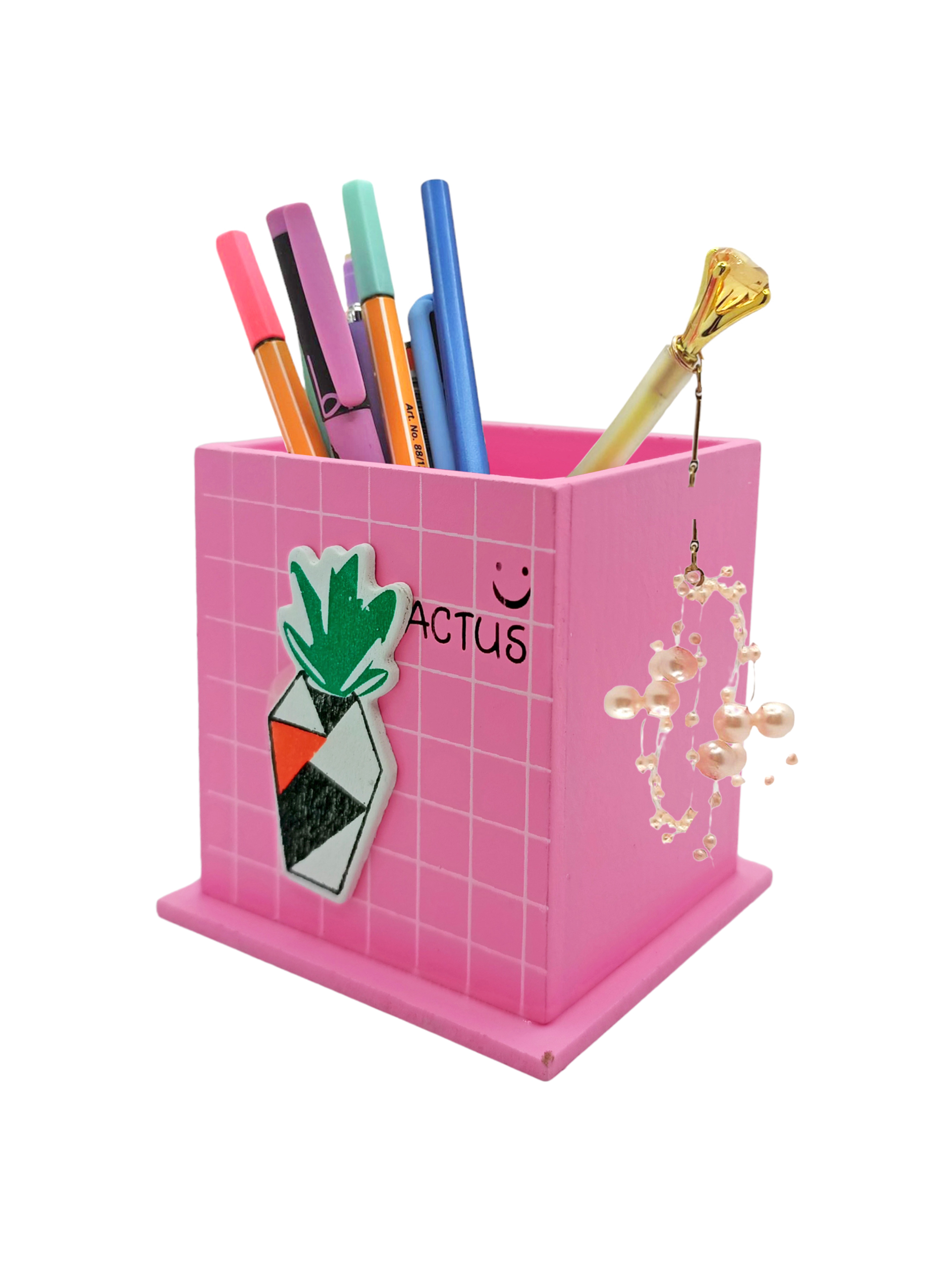 Ahşap Masaüstü Kalemlik Kaktüs Saksılı Desenli Pembe - 1 Adet