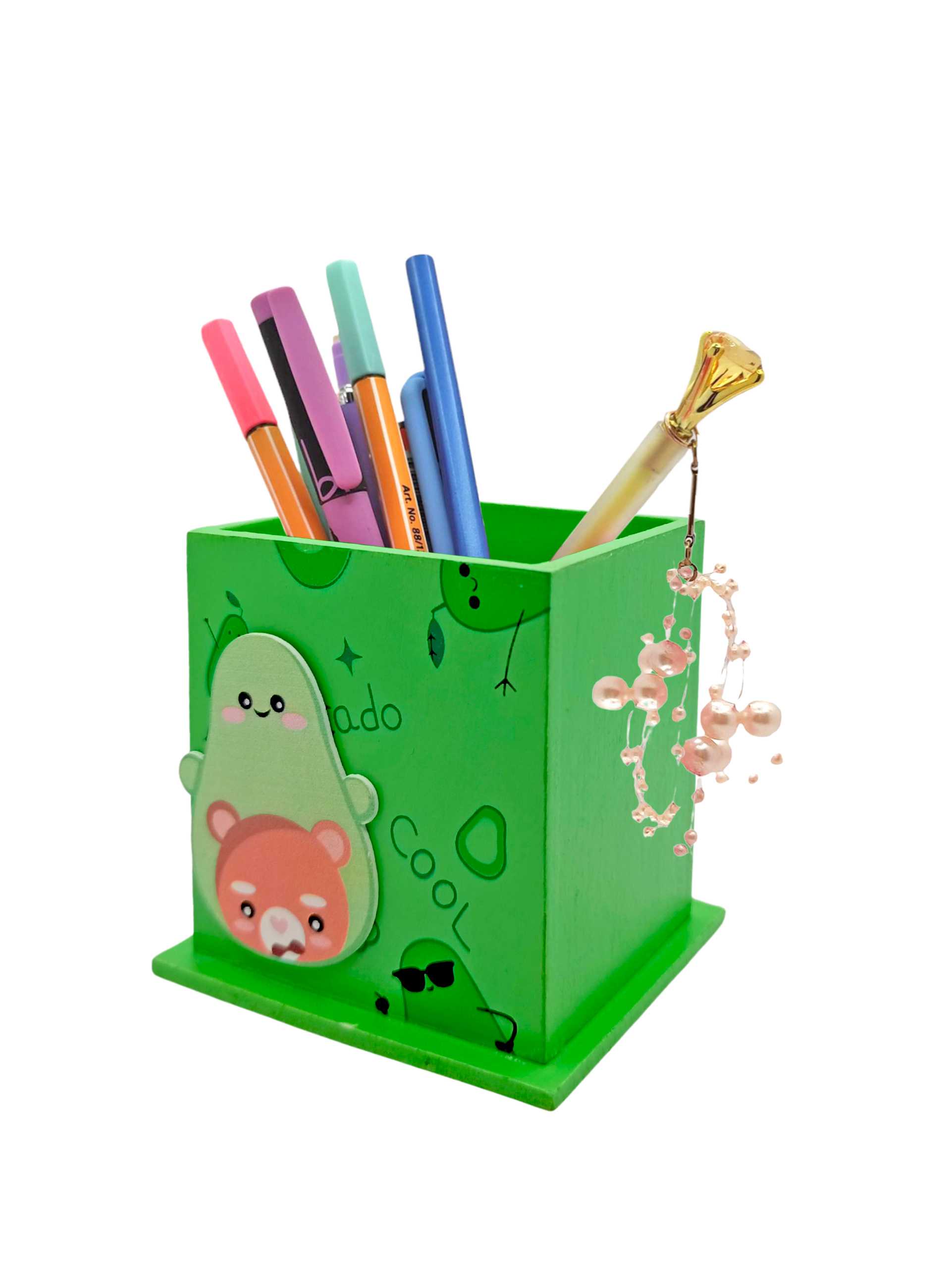 Ahşap Masaüstü Kalemlik Sevimli Avakado Ayıcık Cool Desenli Yeşil