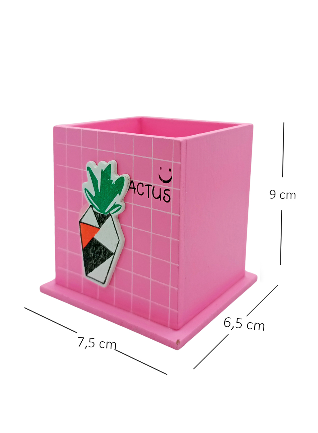 Ahşap Masaüstü Kalemlik Kaktüs Saksılı Desenli Pembe - 1 Adet