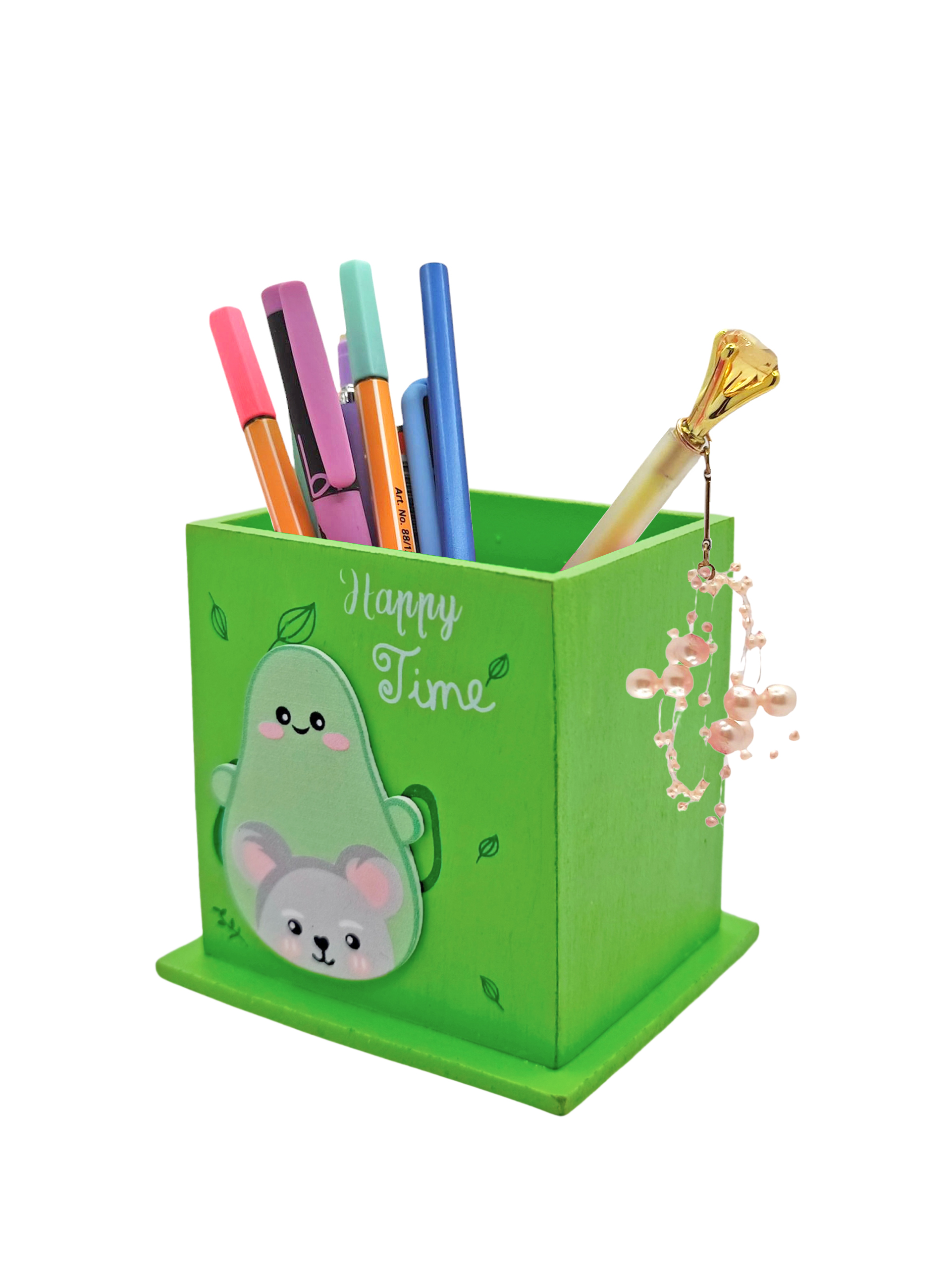 Ahşap Masaüstü Kalemlik Sevimli Avakado Koala Desenli Yeşil - 1 A