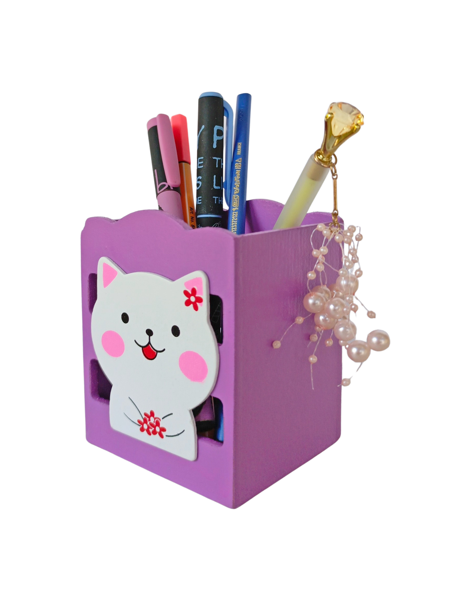 Limmy Ahşap Masaüstü Kalemlik Sevimli Kedi Mor - 1 Adet