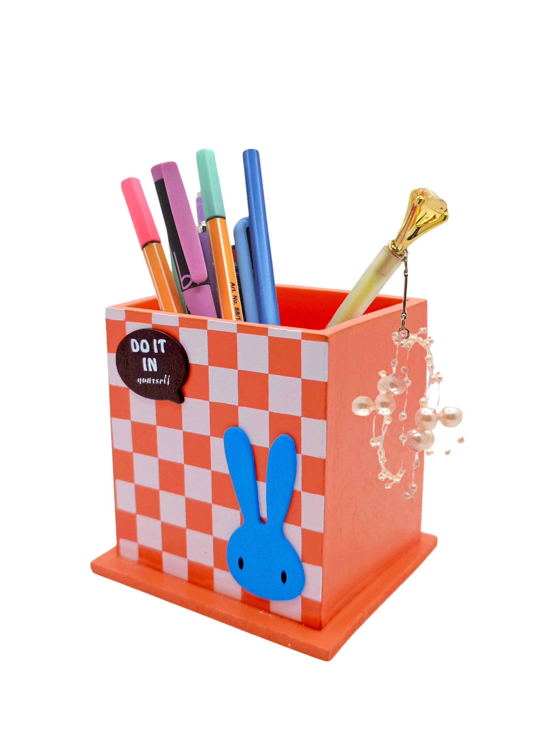 Ahşap Masaüstü Kalemlik Sevimli Tavşan Turuncu - 1 Adet