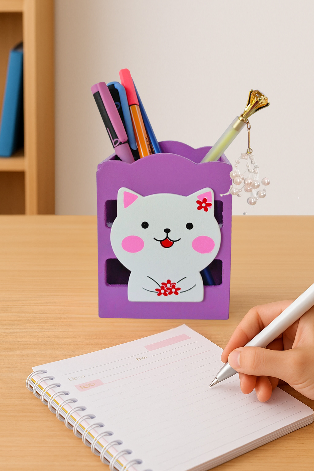 Limmy Ahşap Masaüstü Kalemlik Sevimli Kedi Mor - 1 Adet