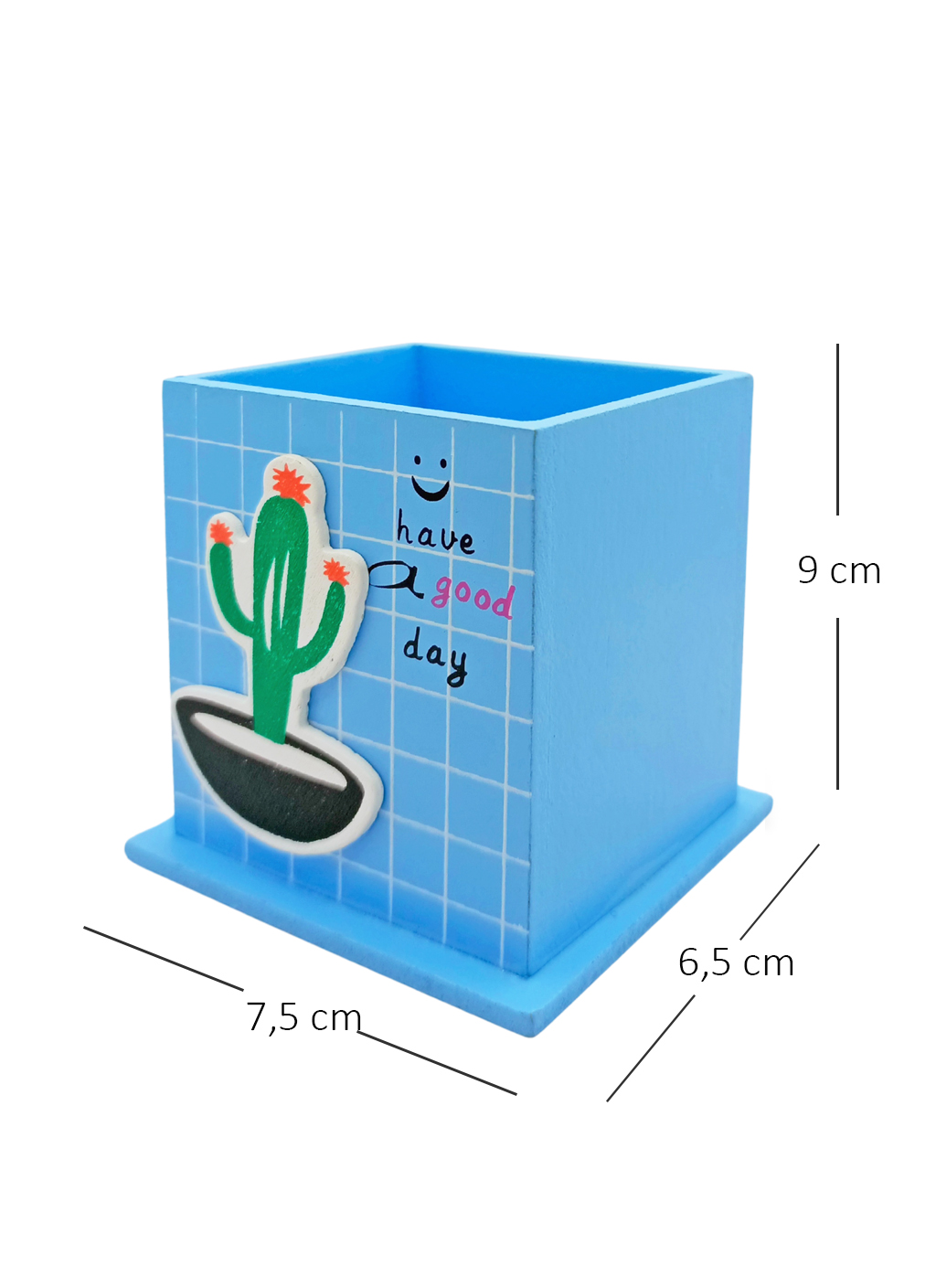 Ahşap Masaüstü Kalemlik Kaktüs Desenli Mavi - 1 Adet