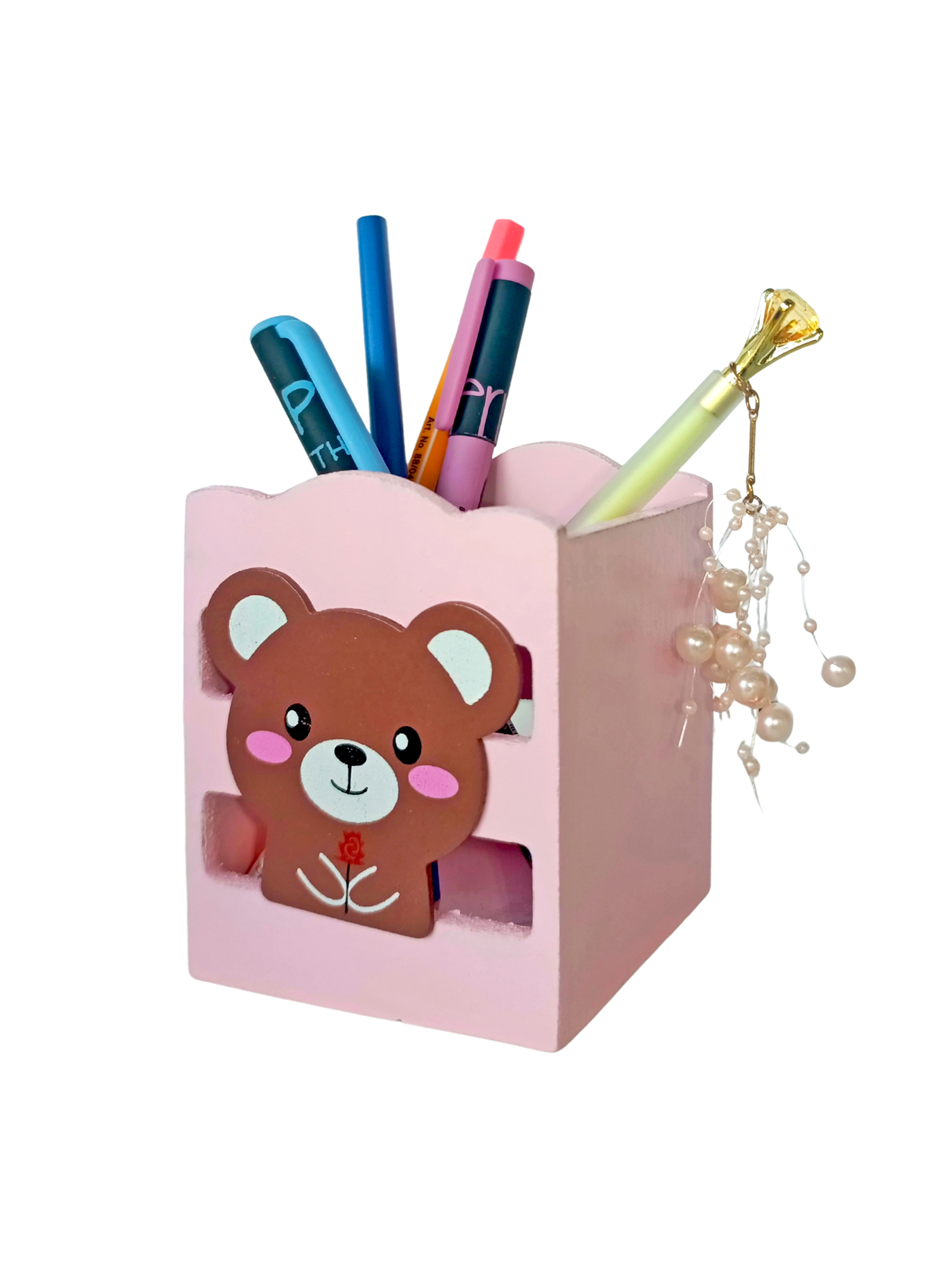 Ahşap Masaüstü Kalemlik Sevimli Ayı Pembe - 1 Adet