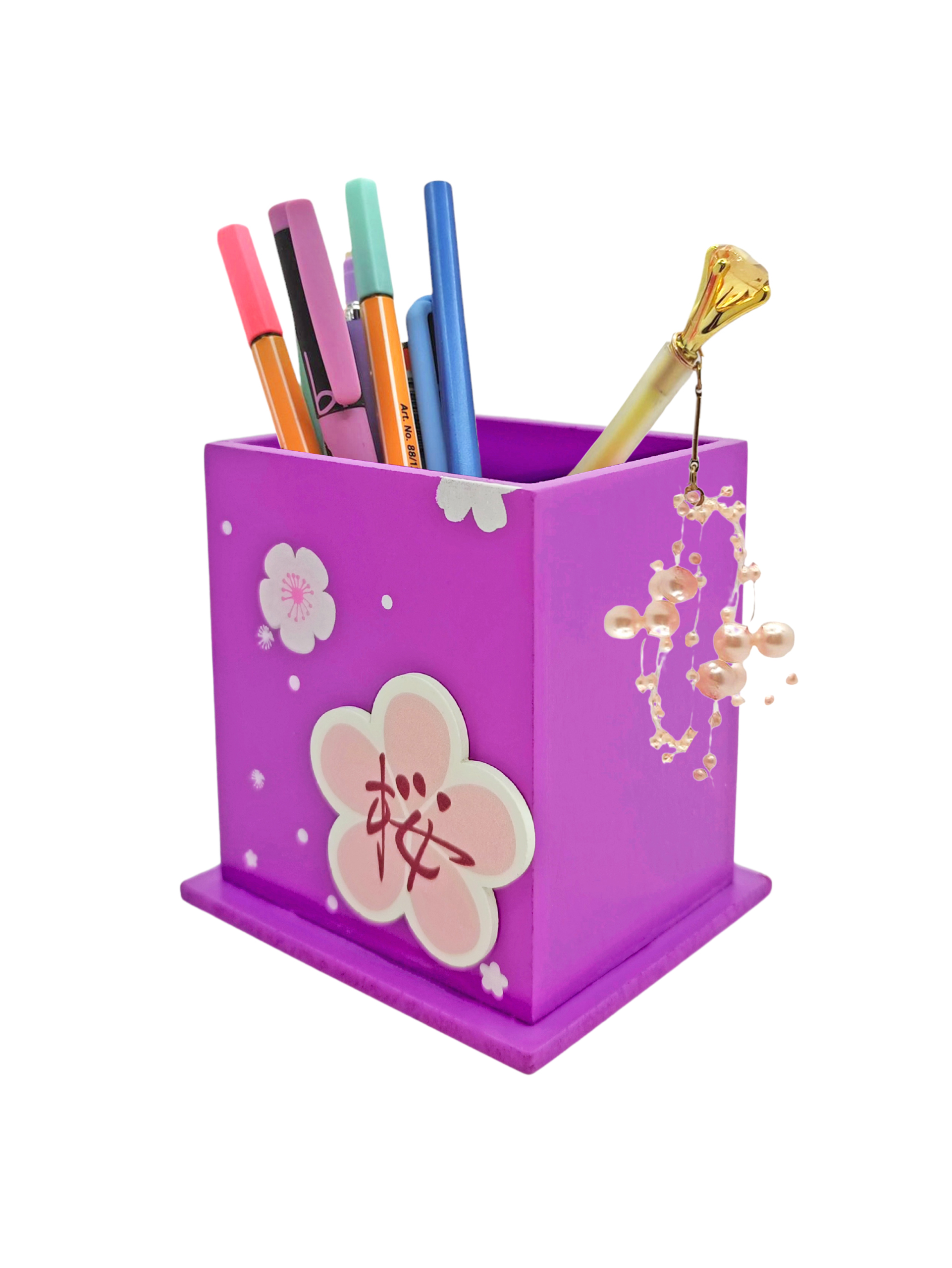 Ahşap Masaüstü Kalemlik Çiçek Desenli Mor - 1 Adet