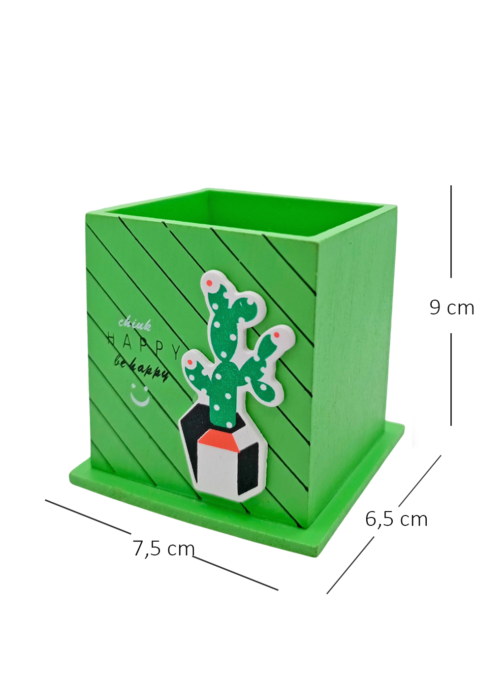 Ahşap Masaüstü Kalemlik Sevimli Kaktüs Desenli Yeşil - 1 Adet