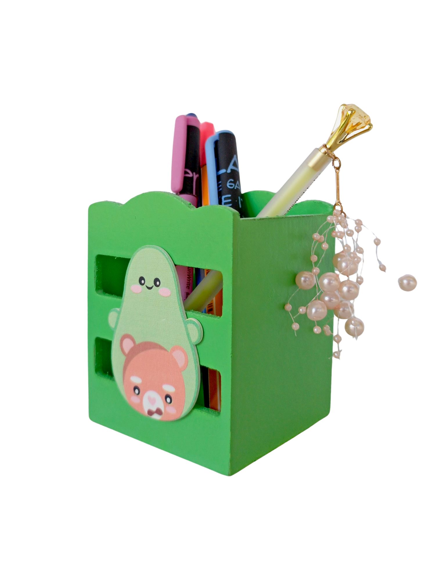 Ahşap Masaüstü Kalemlik Sevimli Avakado Ayı Yeşil- 1 Adet