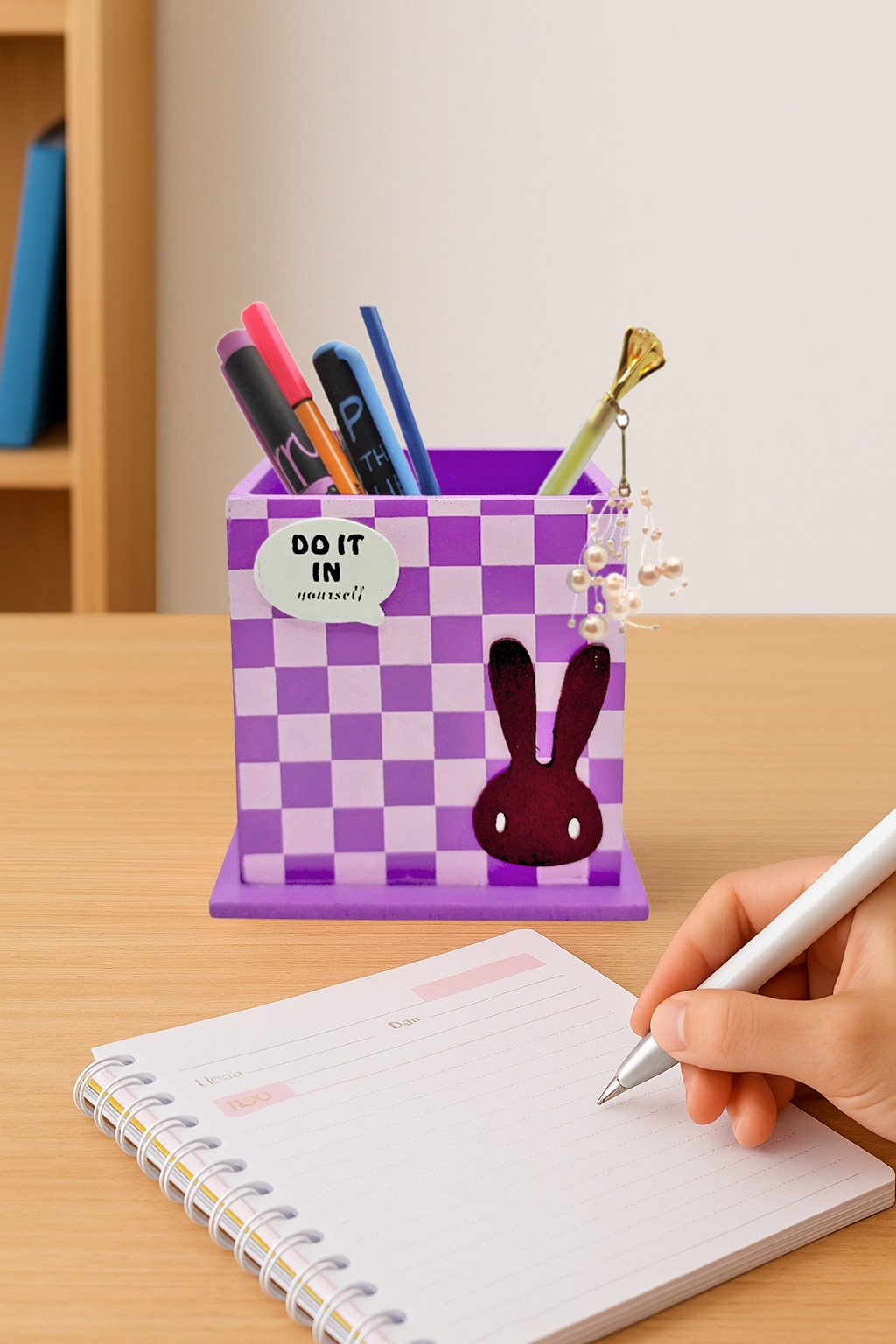 Ahşap Masaüstü Kalemlik Sevimli Tavşan Desenli Mor - 1 Adet