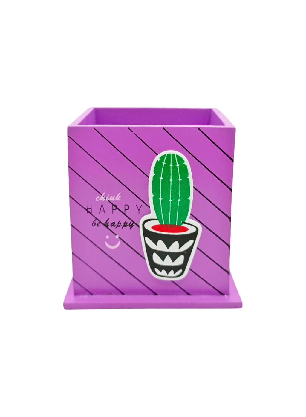 Ahşap Masaüstü Kalemlik Kaktüs Desenli Mor - 1 Adet