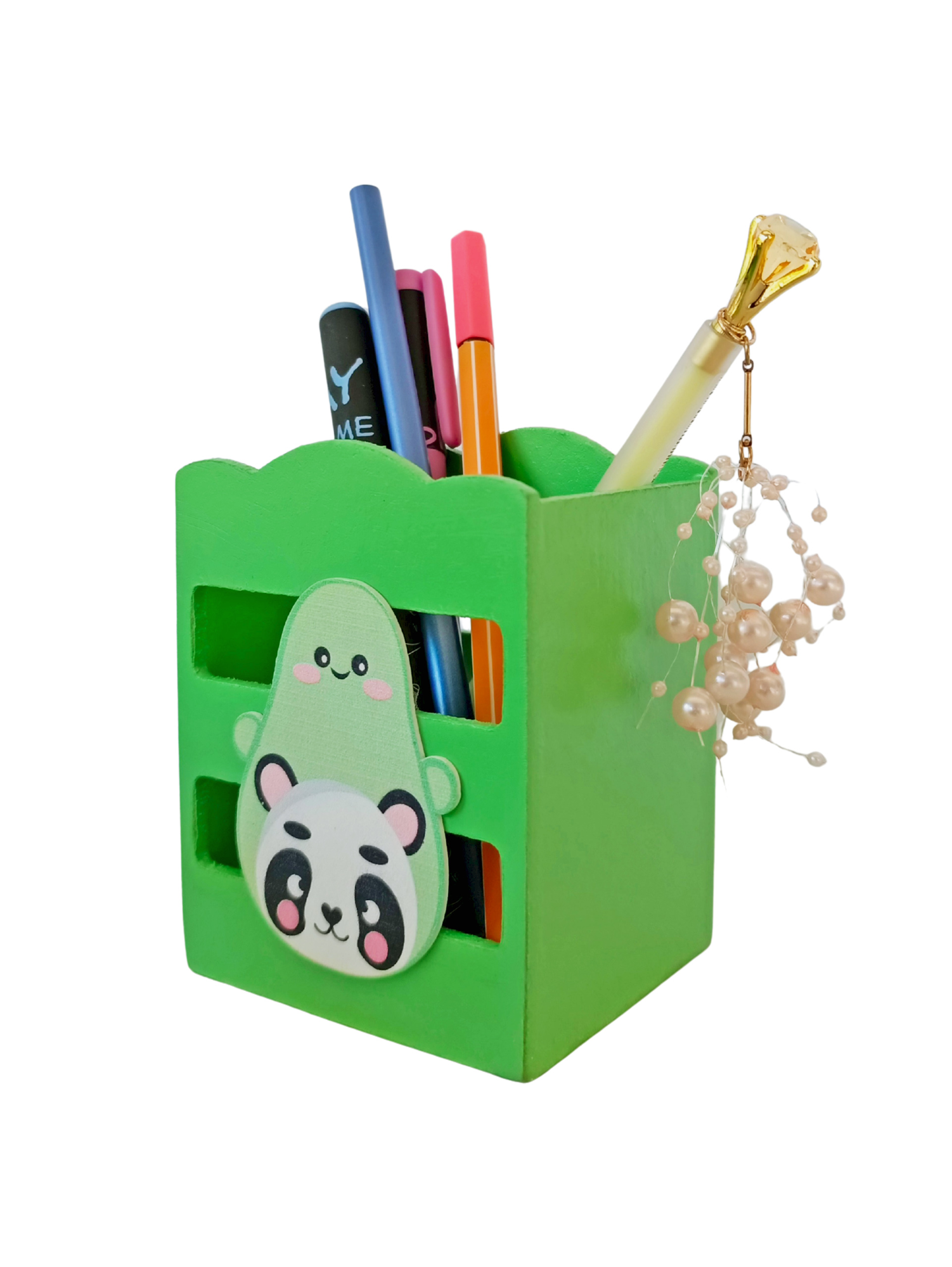 Ahşap Masaüstü Kalemlik Sevimli Avakado Panda Yeşil- 1 Adet