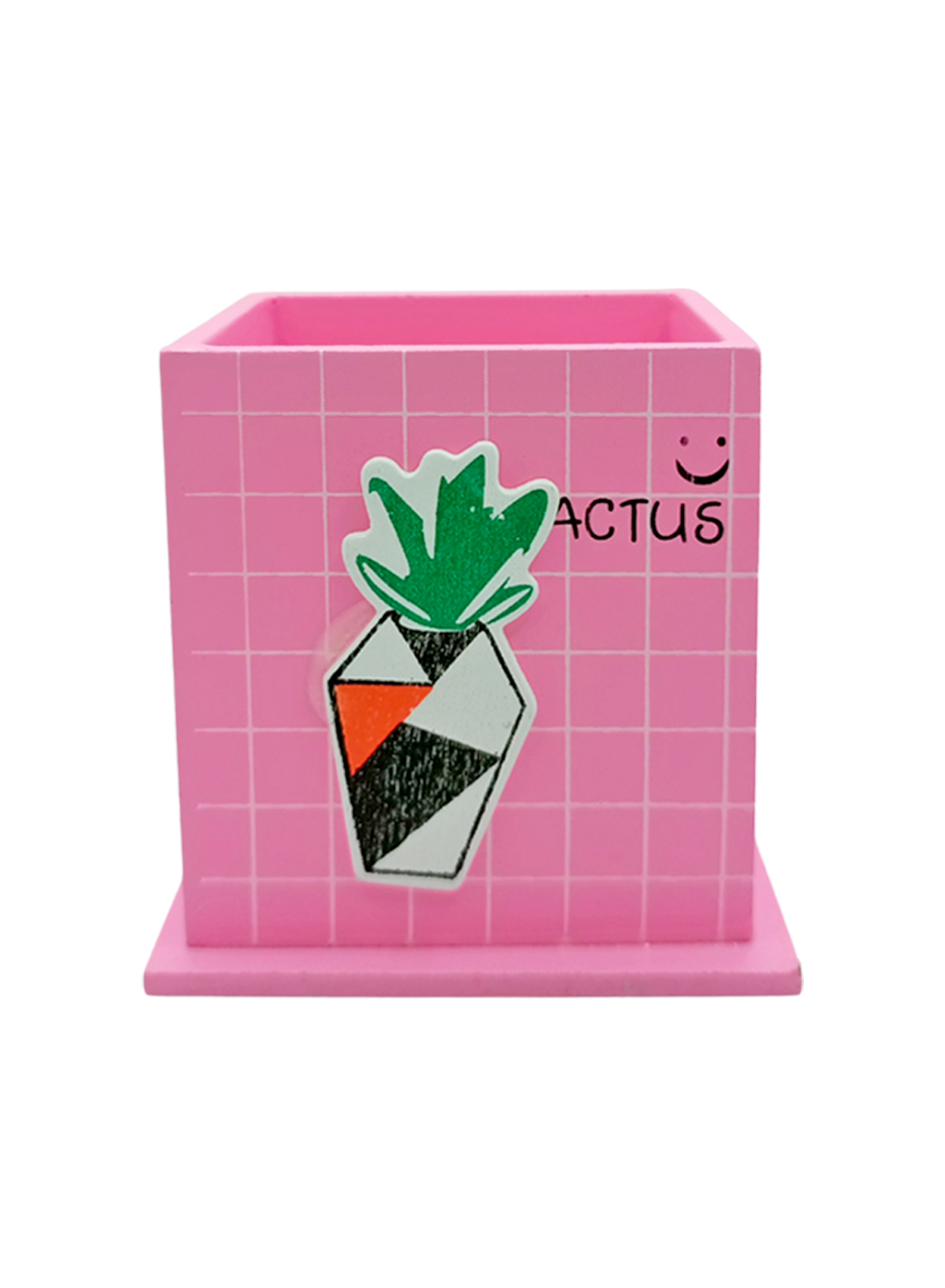 Ahşap Masaüstü Kalemlik Kaktüs Saksılı Desenli Pembe - 1 Adet