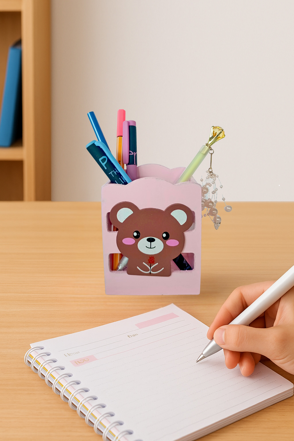 Ahşap Masaüstü Kalemlik Sevimli Ayı Pembe - 1 Adet