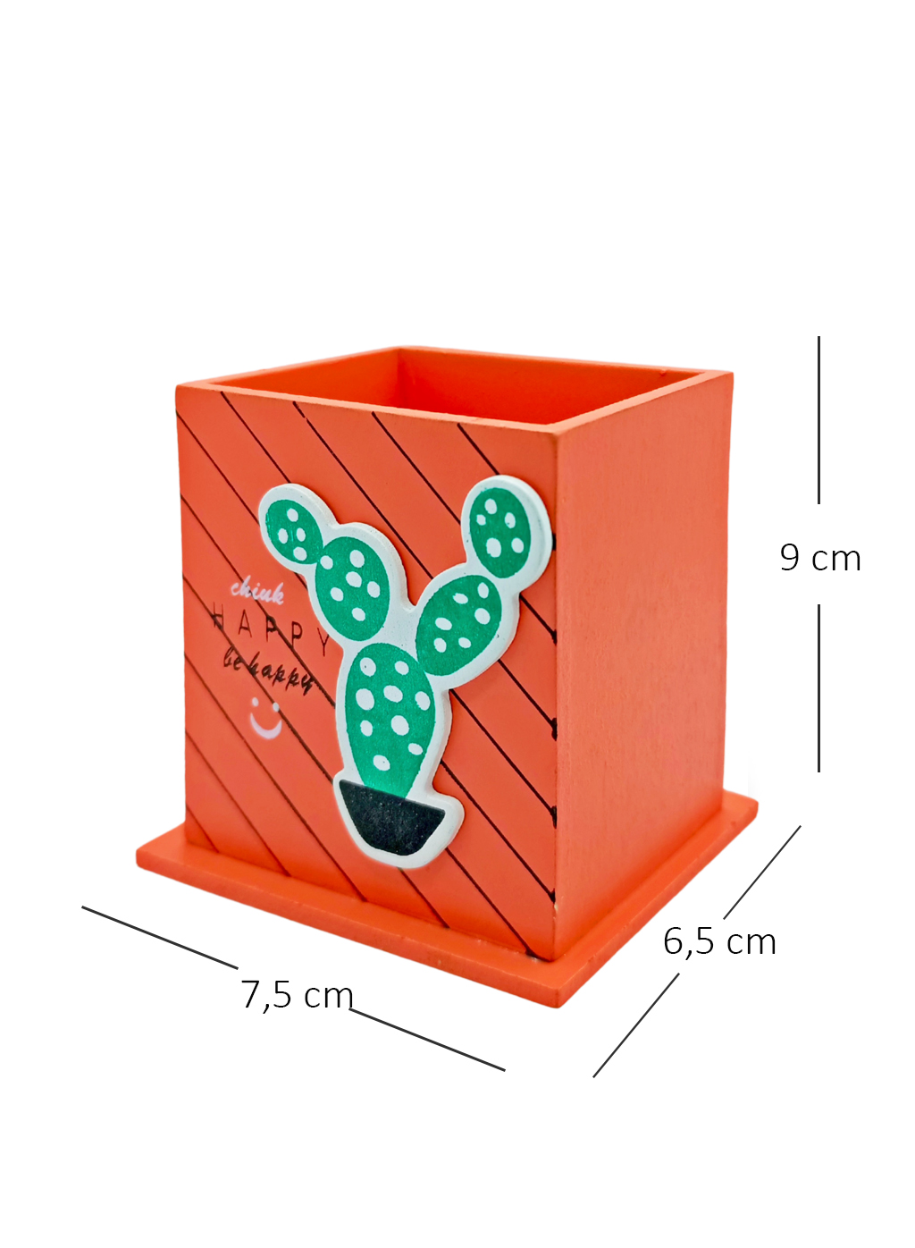 Ahşap Masaüstü Kalemlik Kaktüs Bitki Desenli Turuncu - 1 Adet