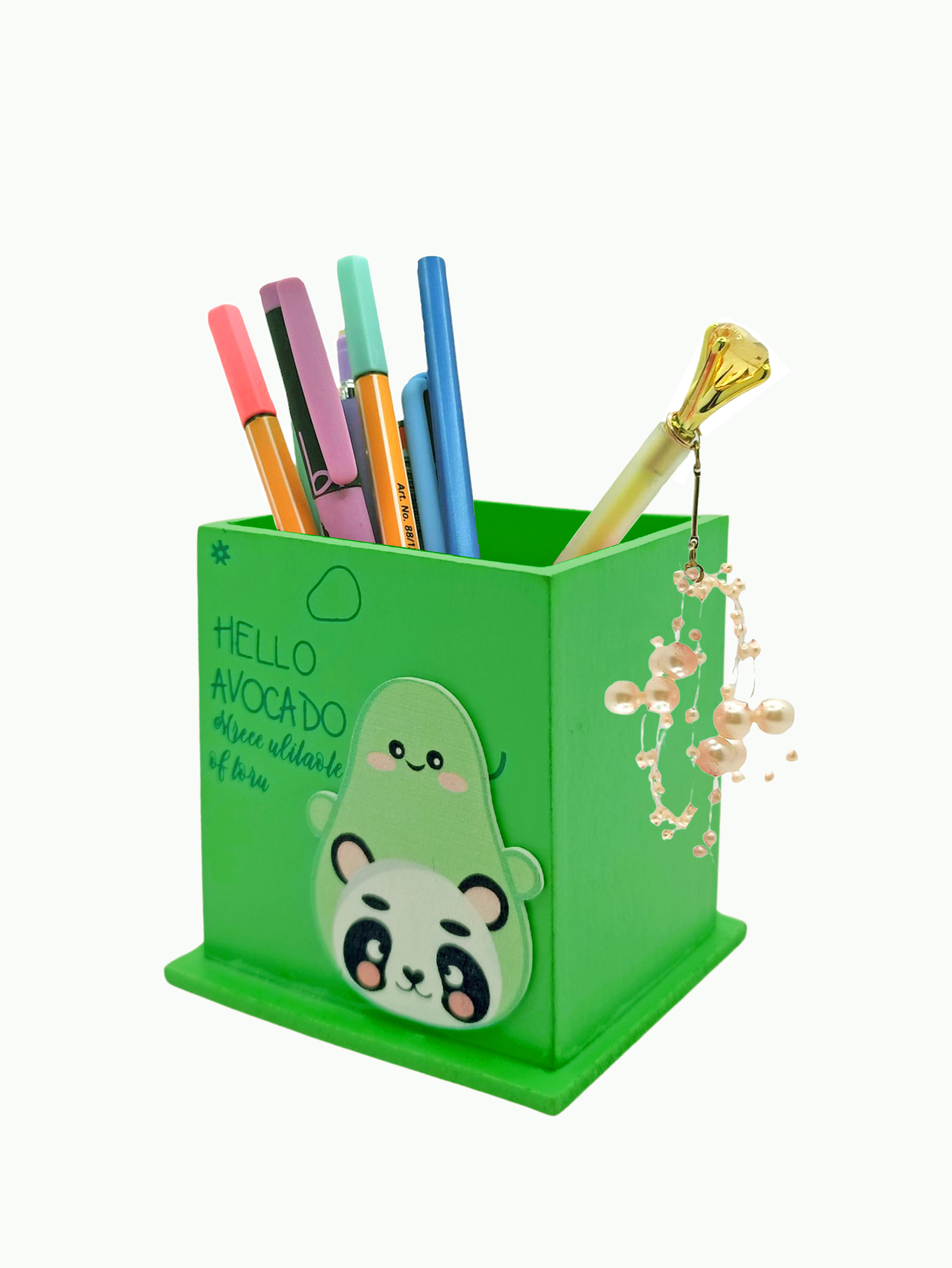 Ahşap Masaüstü Kalemlik Sevimli Avakado Panda Desenli Yeşil - 1 A