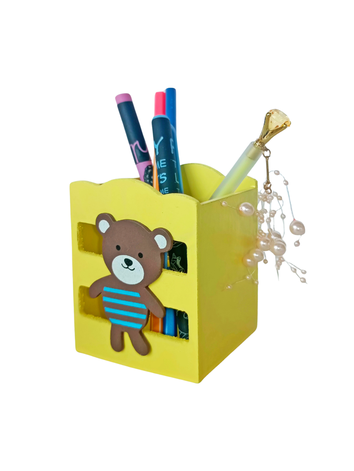 Ahşap Masaüstü Kalemlik Sevimli Ayıcık Çizgili Sarı- 1 Adet