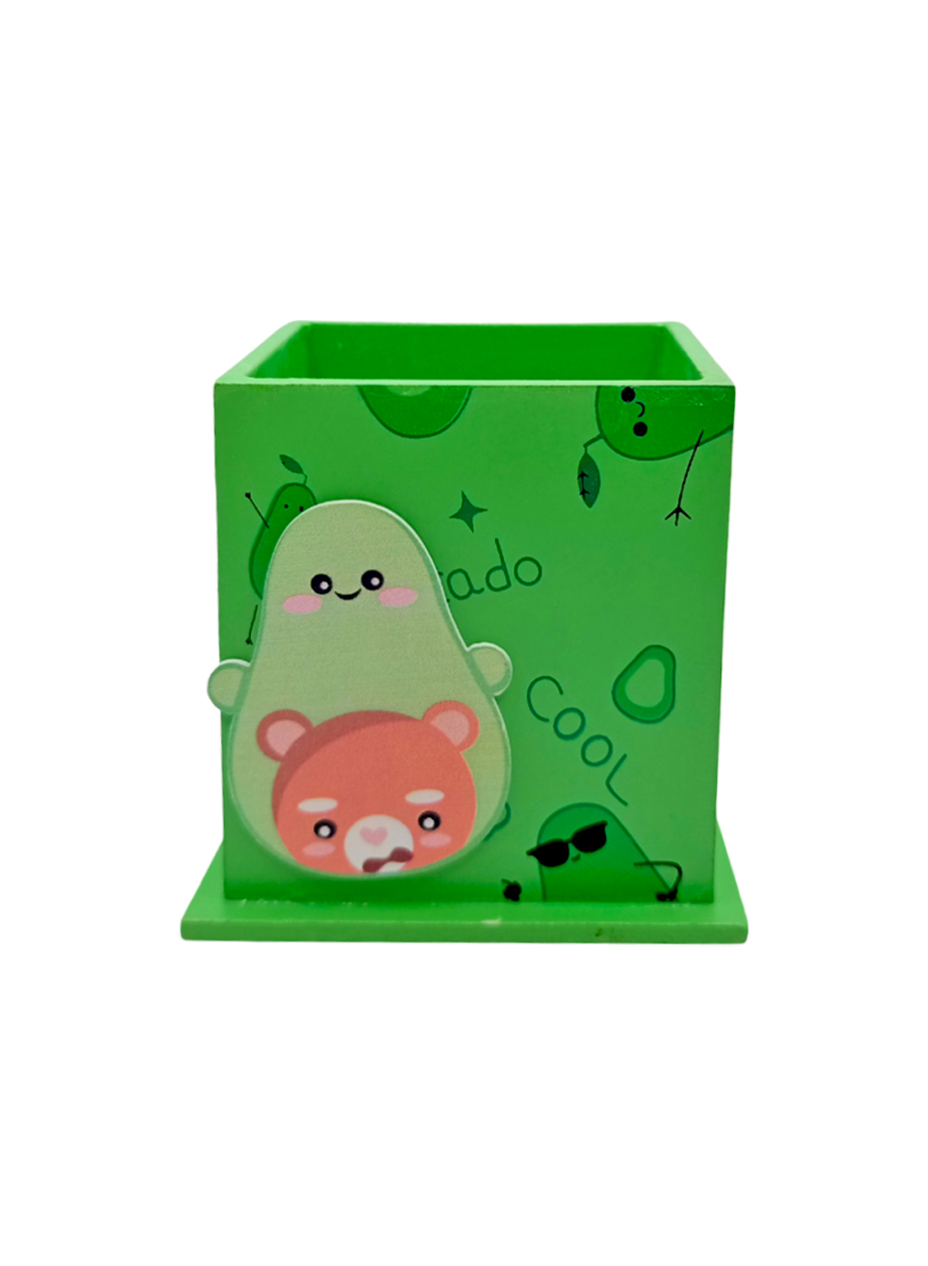 Ahşap Masaüstü Kalemlik Sevimli Avakado Ayıcık Cool Desenli Yeşil