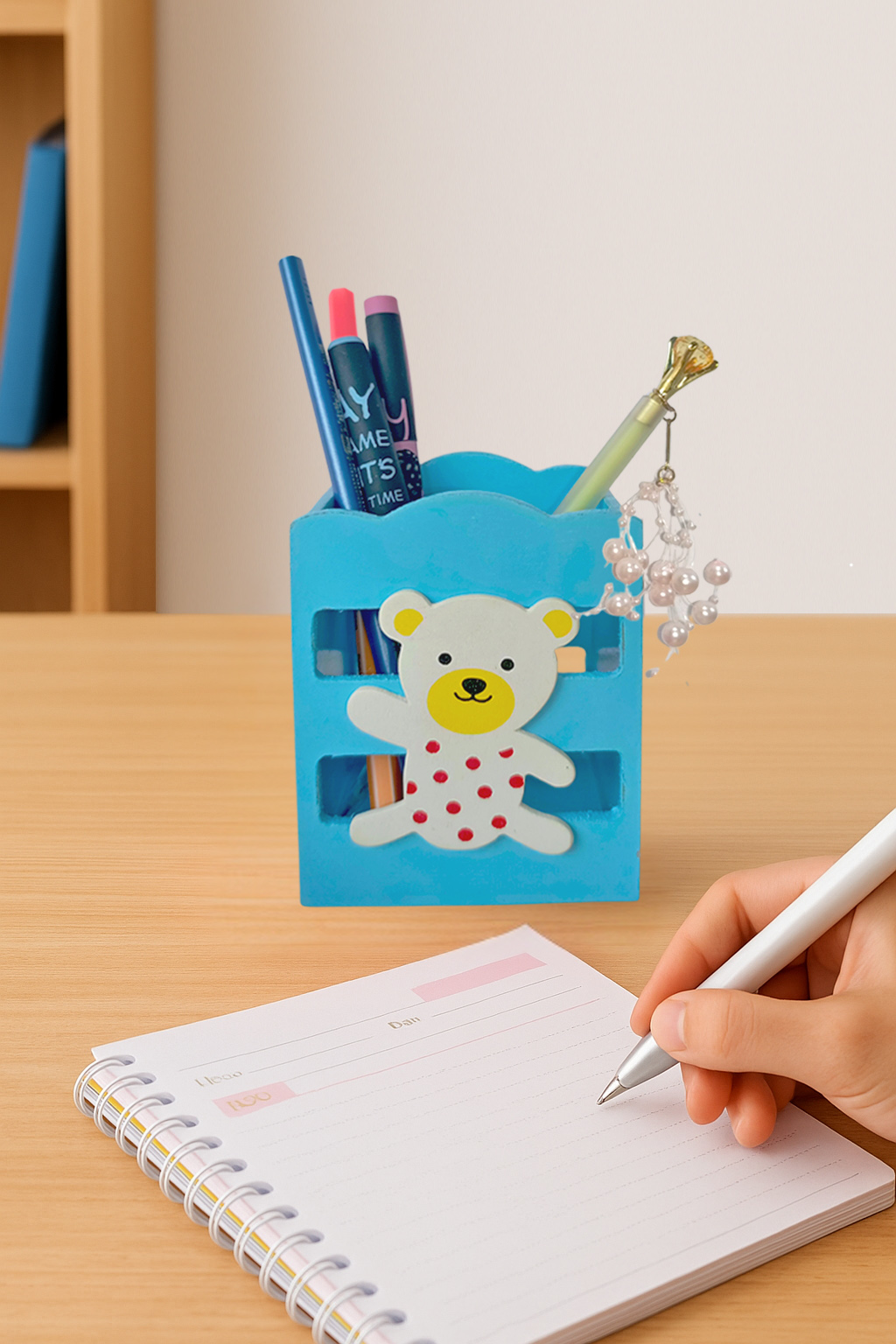 Ahşap Masaüstü Kalemlik Sevimli Ayı Mavi- 1 Adet