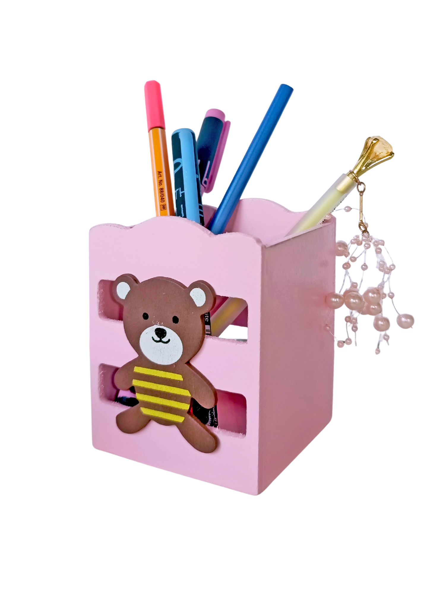 Limmy Ahşap Masaüstü Kalemlik Sevimli Ayıcık Çizgili Pembe - 1 Adet
