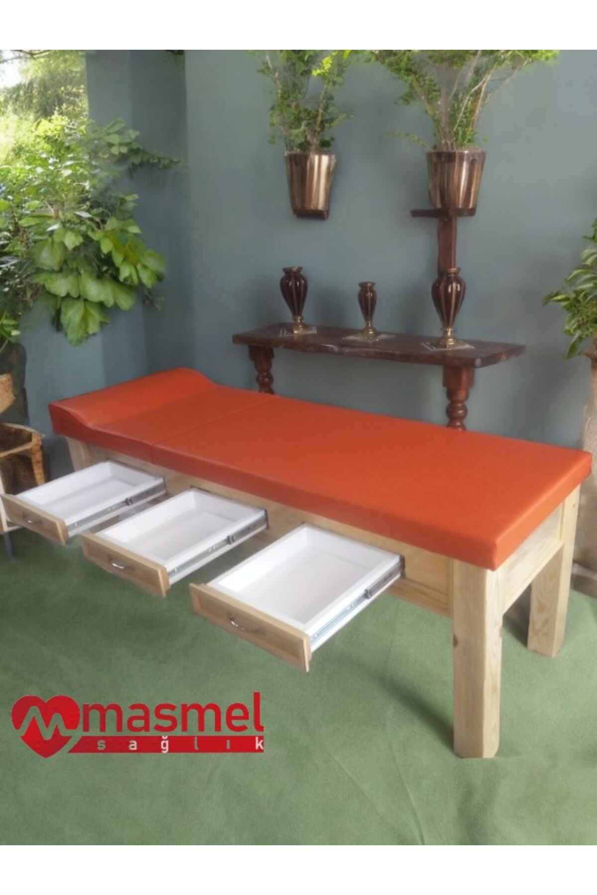 Masmel Sağlik Ahşap Muayene Masasi | Çekmeceli | Torna Ayakli Muayene Sedyesi