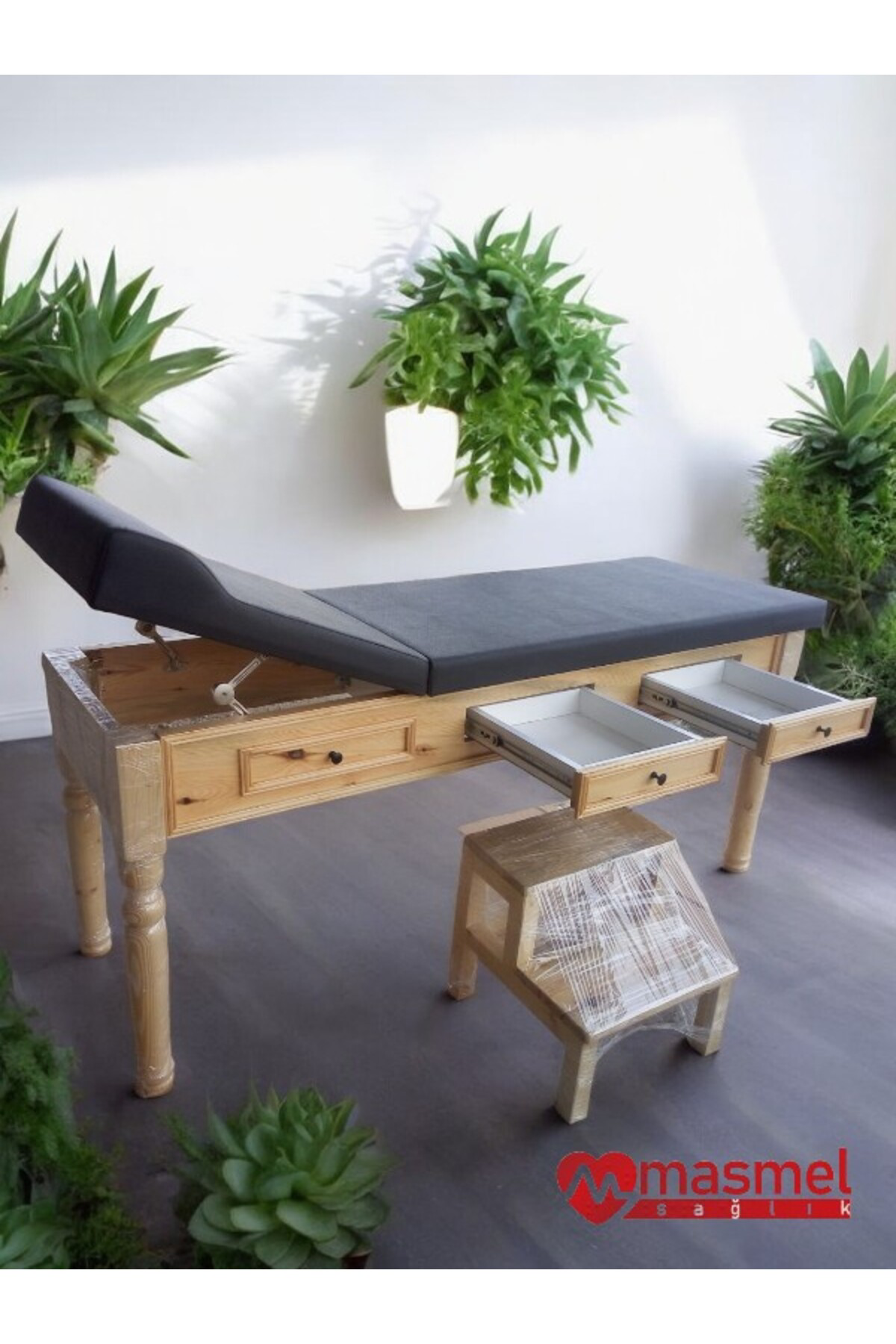 Masmel Sağlik Ahşap Muayene Masasi | Çekmeceli | Torna Ayakli Muayene Sedyesi