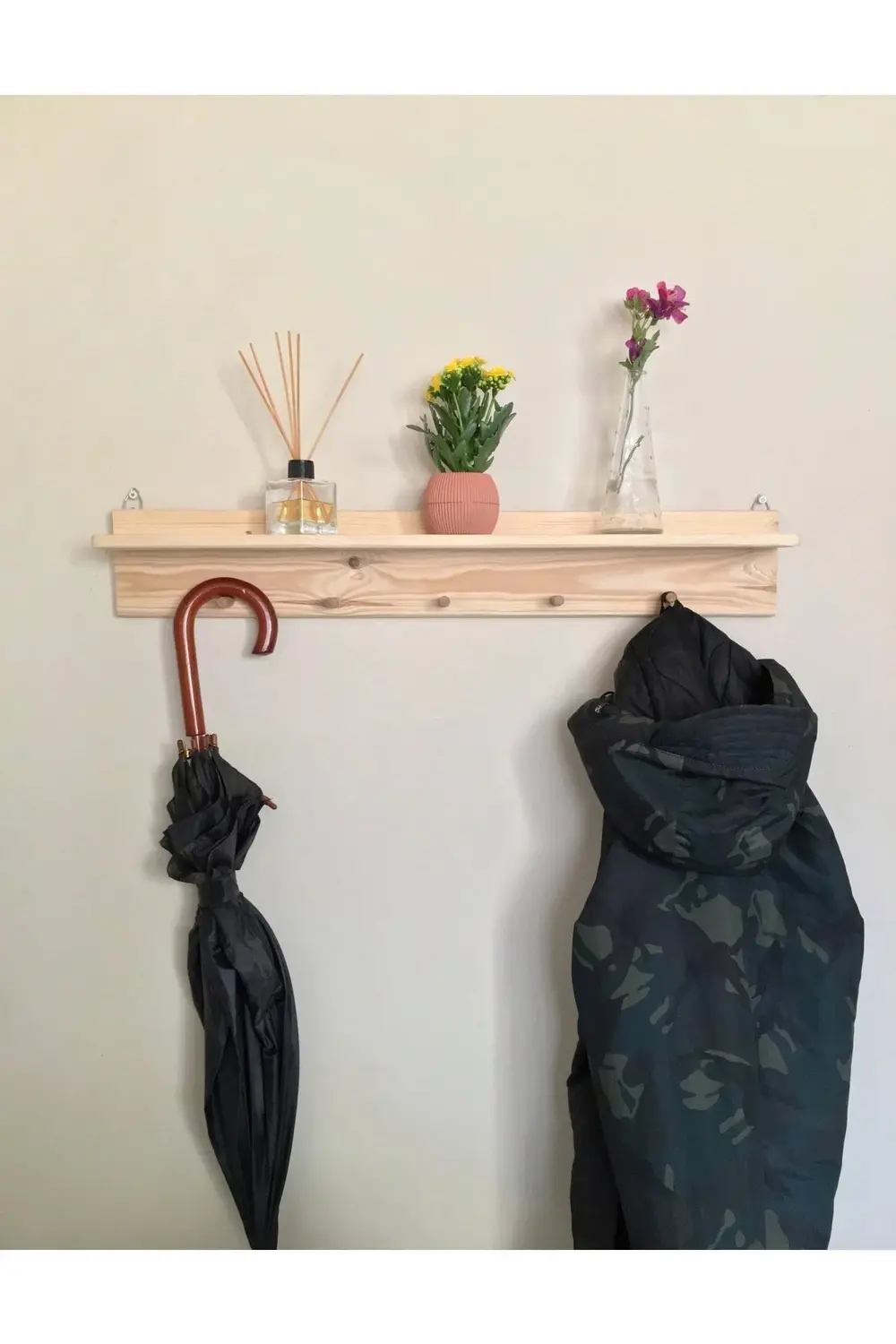 Ahşap Raflı Dekoratif Duvar Askılığı Doğal Ağaç