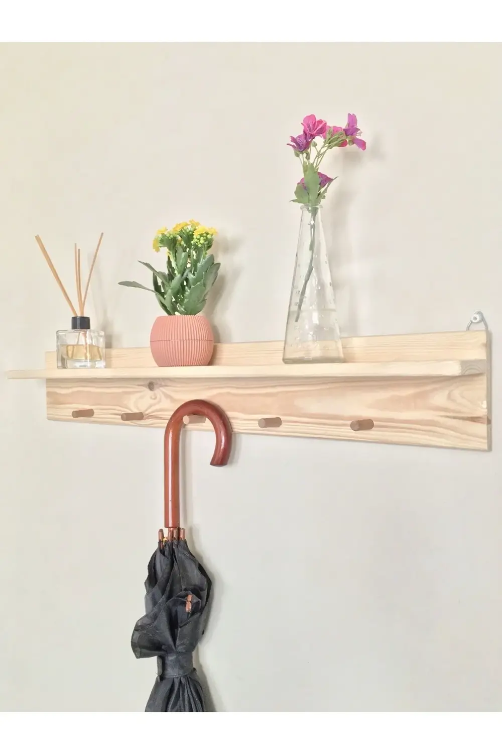 Ahşap Raflı Dekoratif Duvar Askılığı Doğal Ağaç