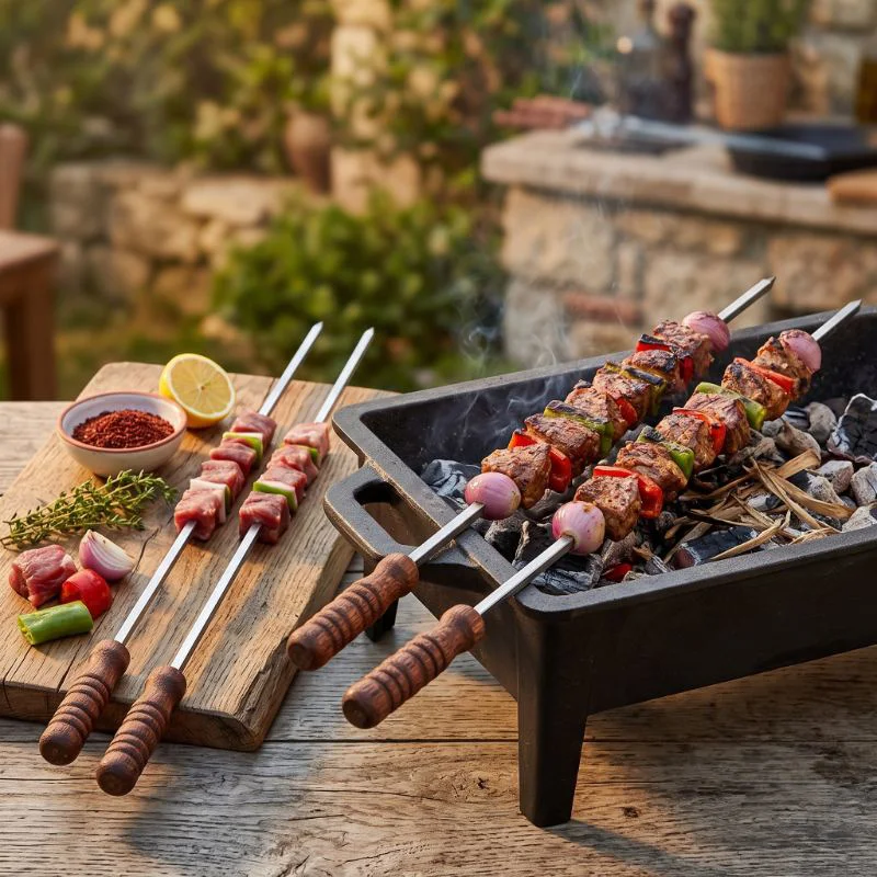 Ahşap Saplı Kalın Kare 50 cm Mangal Şişi - Güvenli Tutma